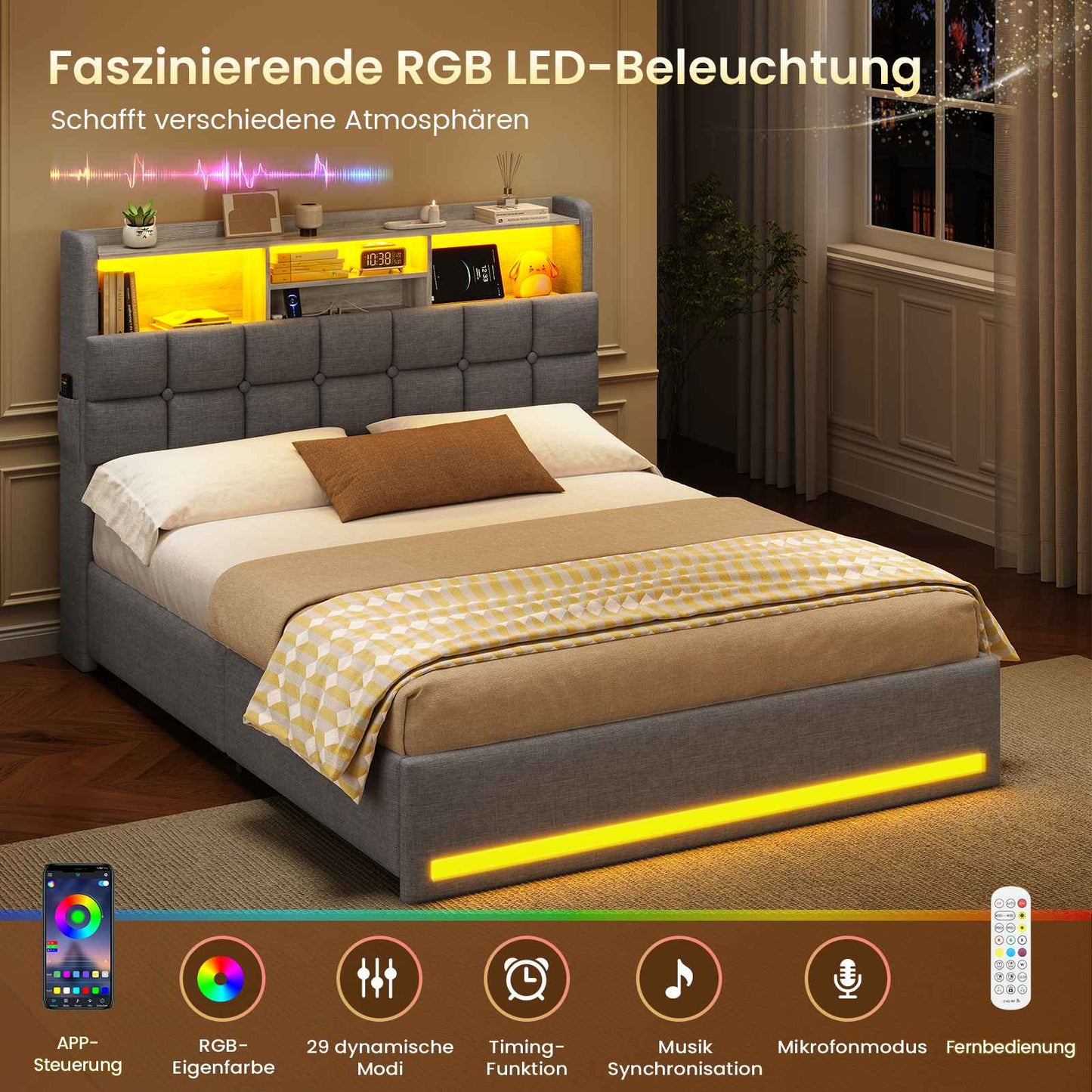 AOGLLATI Polsterbett 140×190 Hydraulisches Stauraumbett mit LED-Bleuchtung mit USB- und Type-C-Anschlüsse mit Holzlatten