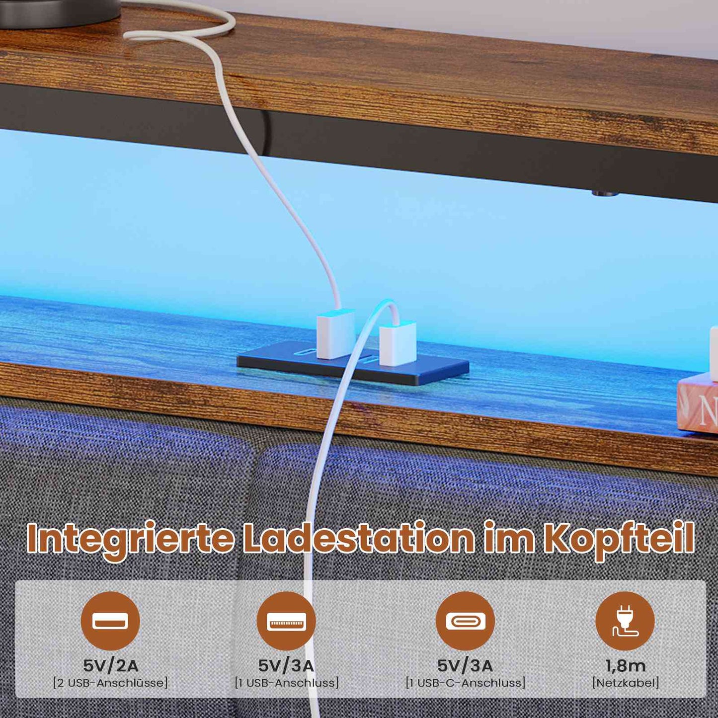 AOGLLATI Polsterbett 140×190 mit Ladestation mit LED-Beleuchtung Bettgestell mit Lattenrost Metallbett mit Kopfteil aus Leinenstoff
