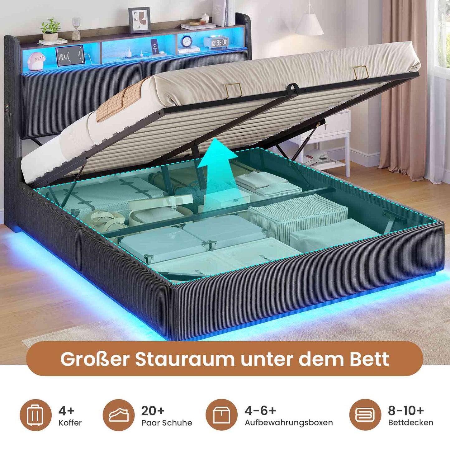 AOGLLATI Hydraulisches Stauraumbett mit LED Beleuchtung und Steckdosen mit Stauraum Kopfteil mit HolzLattenrost & USB-Ladefunktion