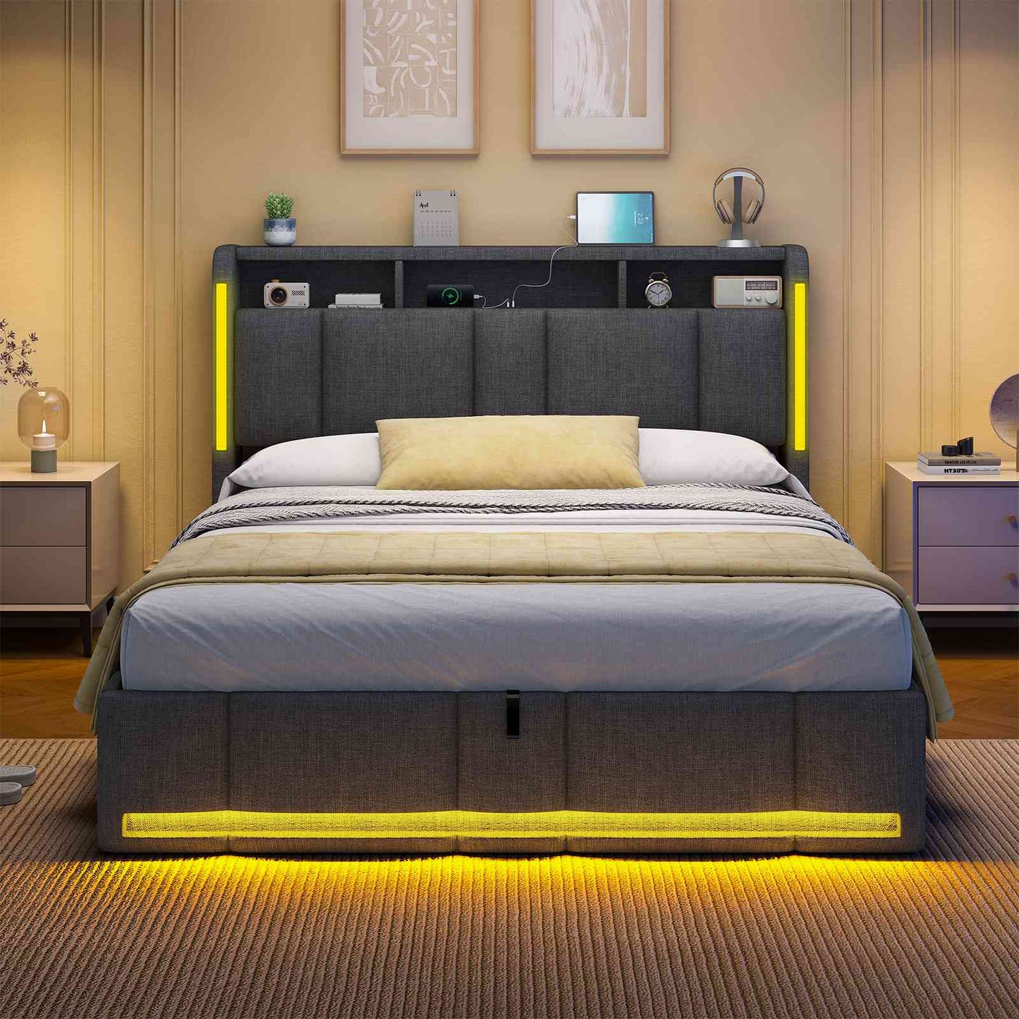 AOGLLATI Polsterbett Doppelbett 140x200 mit bettkasten mit LED Beleuchtung & Steckdosen mit Stauraum Kopfteil