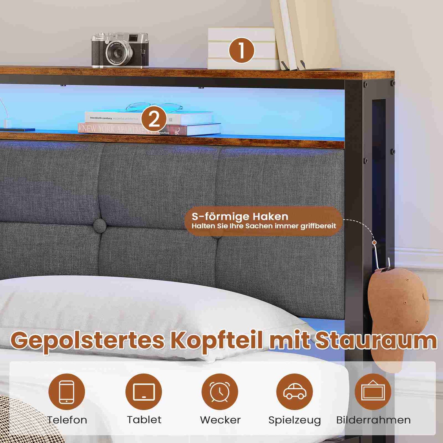 AOGLLATI Polsterbett 140×190 mit Ladestation mit LED-Beleuchtung Bettgestell mit Lattenrost Metallbett mit Kopfteil aus Leinenstoff