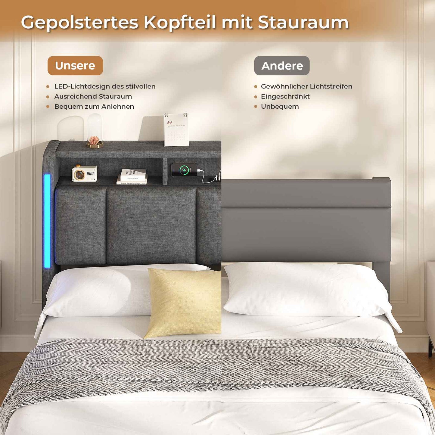 AOGLLATI Polsterbett 140×190 mit Steckdosen & LED Beleuchtung mit Stauraum Kopfteil & Hydraulischem Stauraum