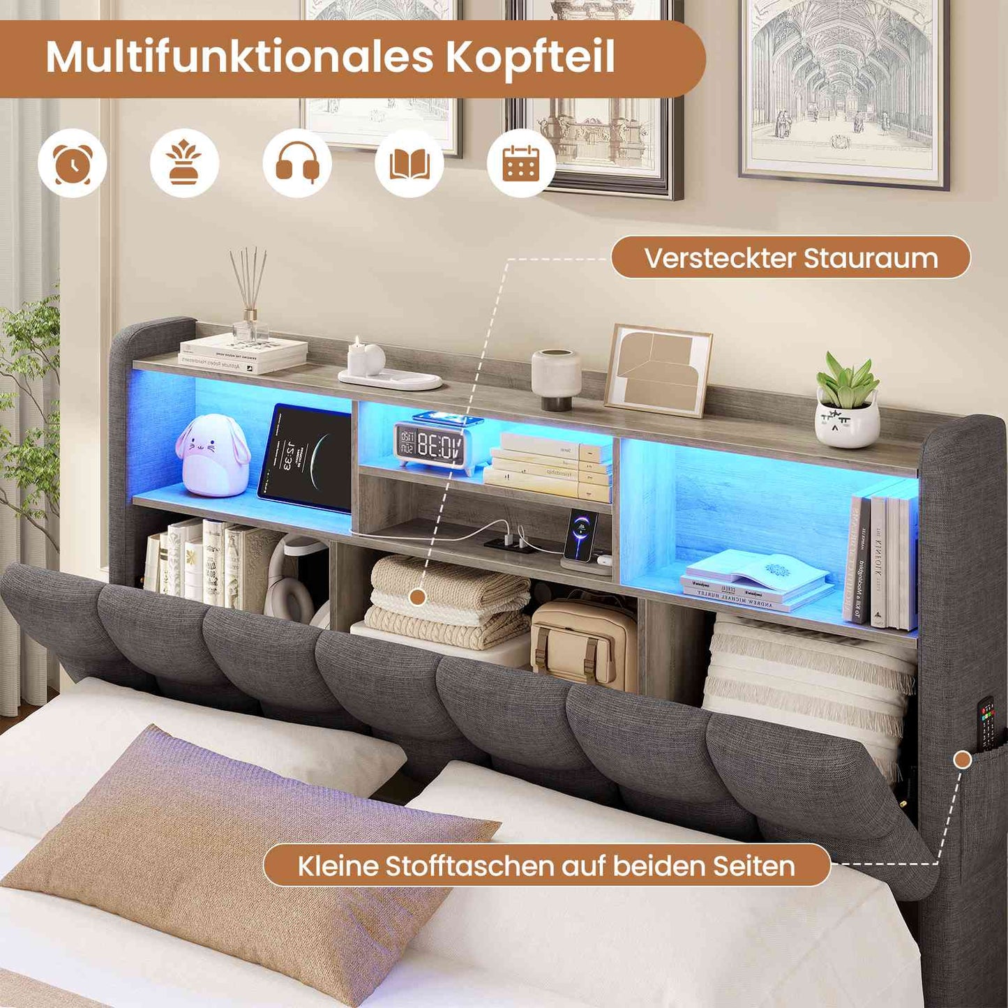 AOGLLATI Polsterbett 140×190 Hydraulisches Stauraumbett mit LED-Bleuchtung mit USB- und Type-C-Anschlüsse mit Holzlatten