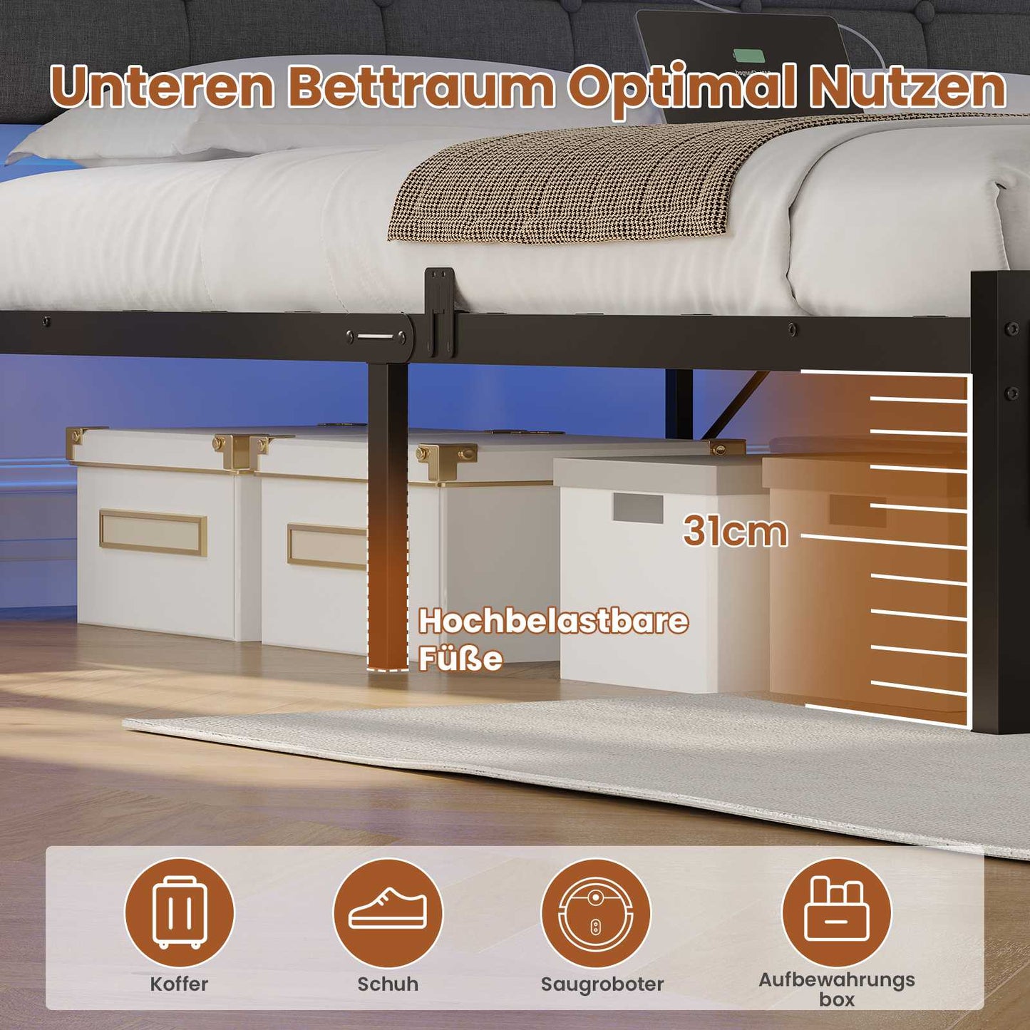 AOGLLATI Polsterbett 140×190 mit Ladestation mit LED-Beleuchtung Bettgestell mit Lattenrost Metallbett mit Kopfteil aus Leinenstoff