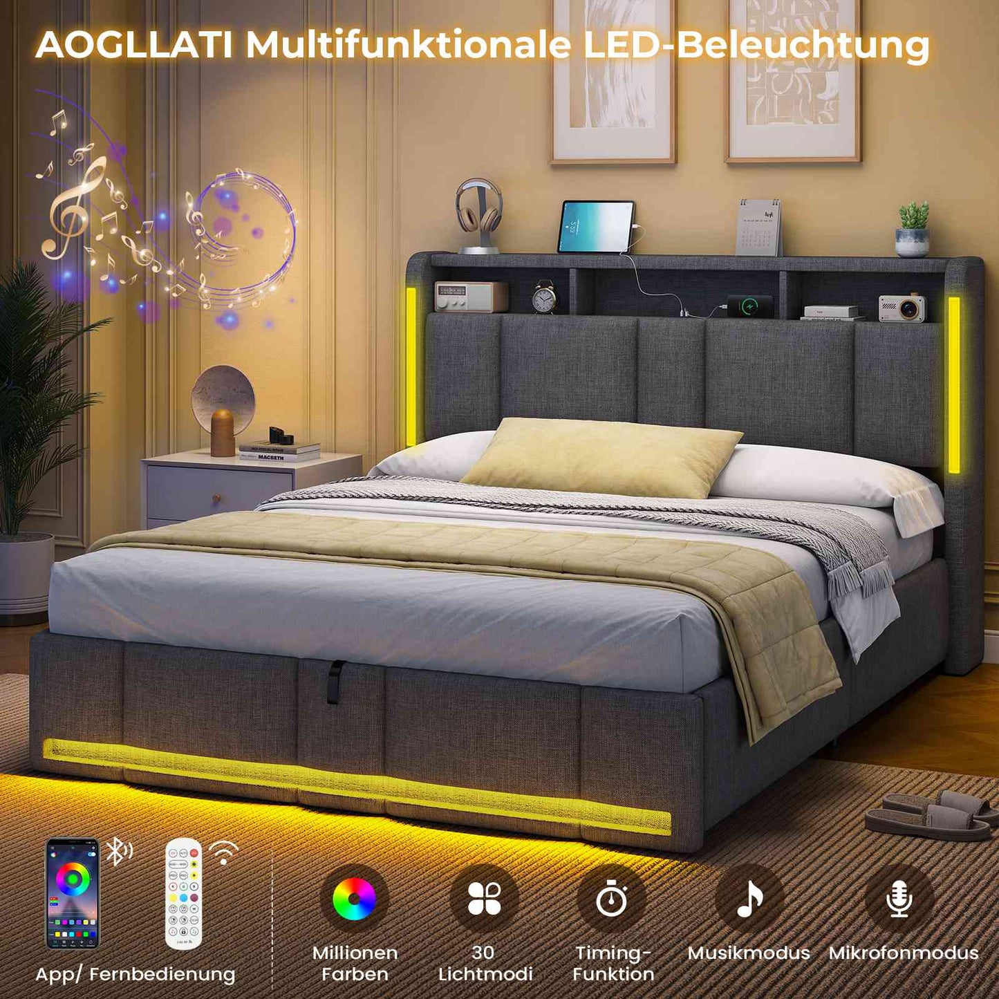 AOGLLATI Polsterbett Doppelbett 140x190 mit bettkasten Hydraulischem Stauraumbett mit LED Beleuchtung & Steckdosen mit Stauraum Kopfteil