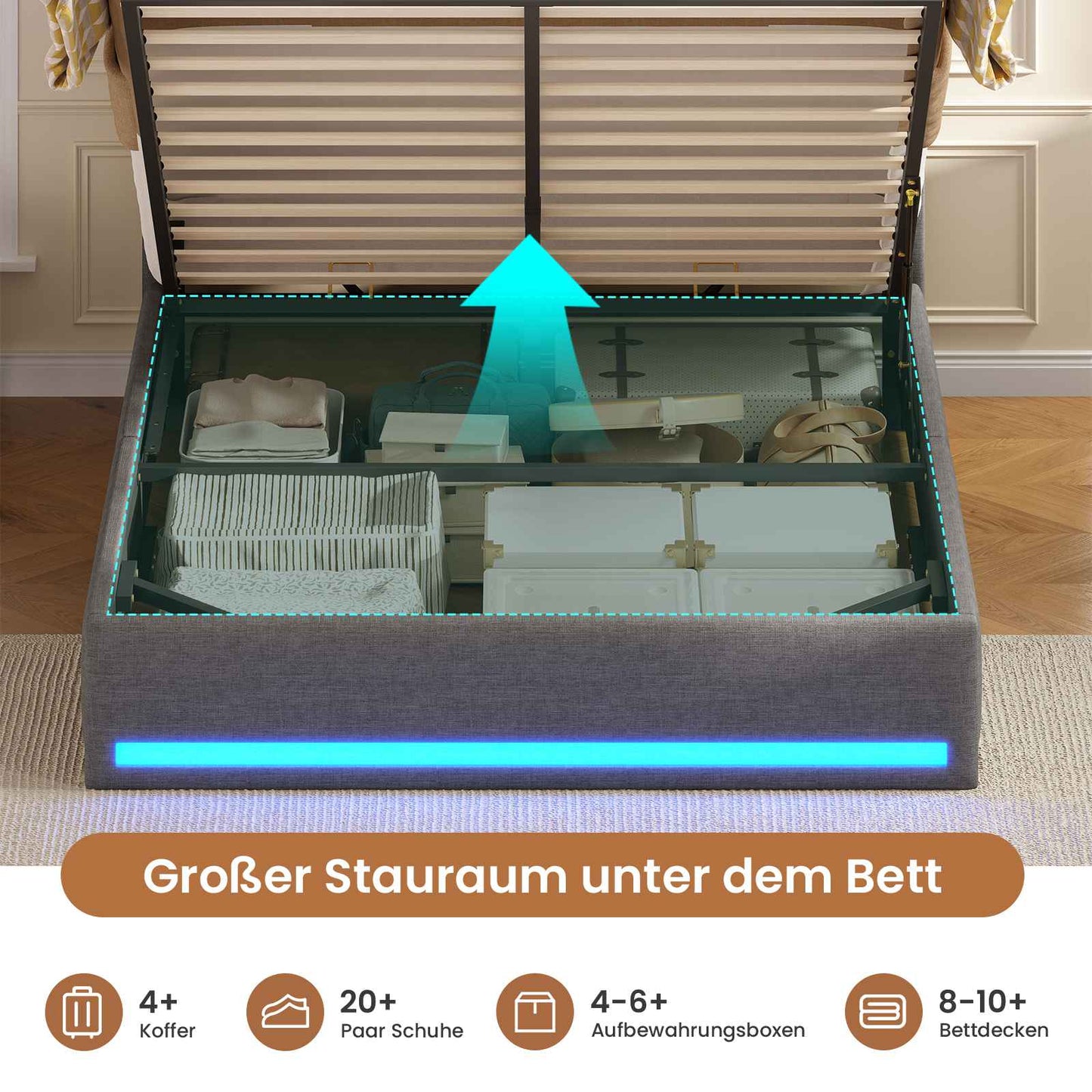AOGLLATI Polsterbett 140×190 Hydraulisches Stauraumbett mit LED-Bleuchtung mit USB- und Type-C-Anschlüsse mit Holzlatten