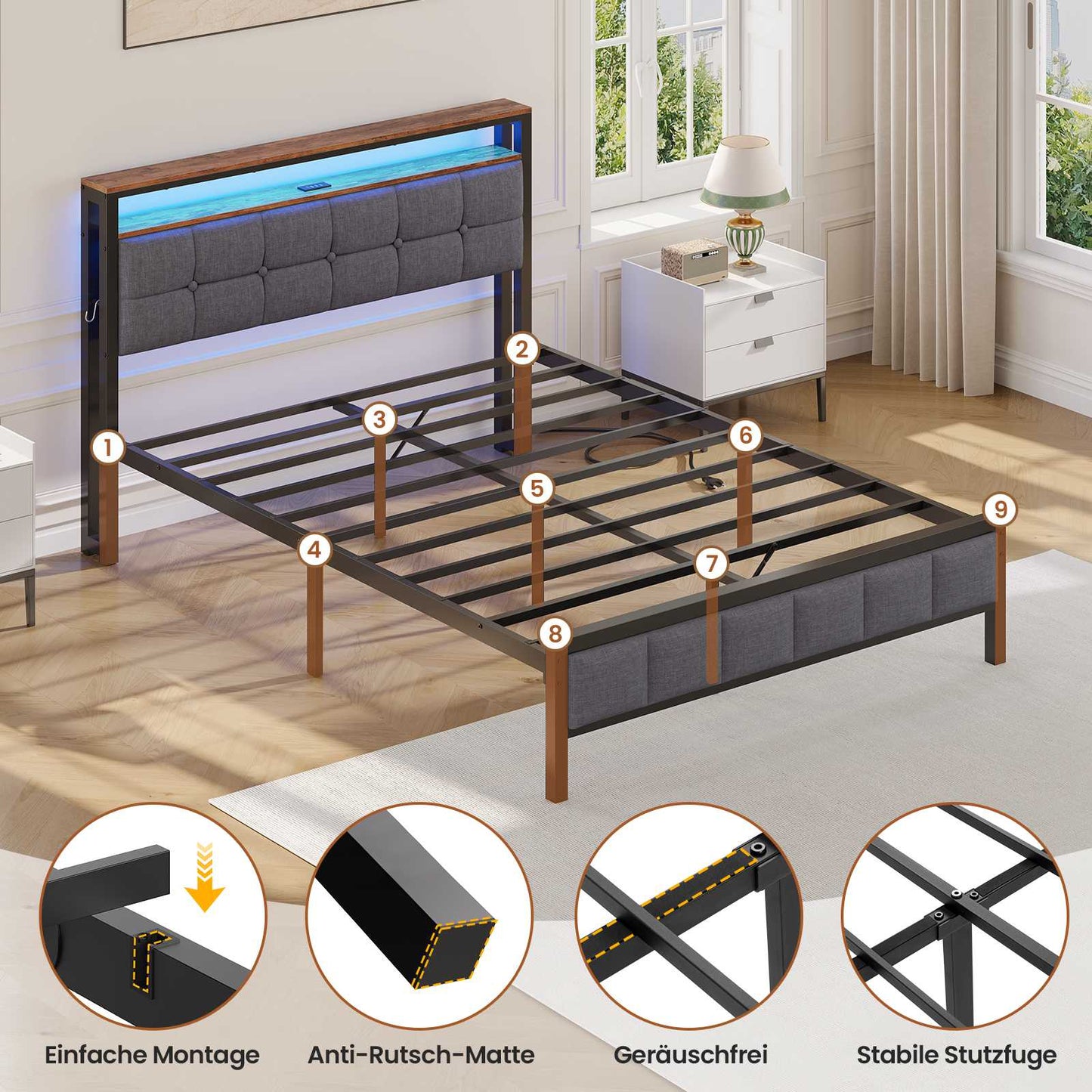 AOGLLATI Polsterbett 140×190 mit Ladestation mit LED-Beleuchtung Bettgestell mit Lattenrost Metallbett mit Kopfteil aus Leinenstoff