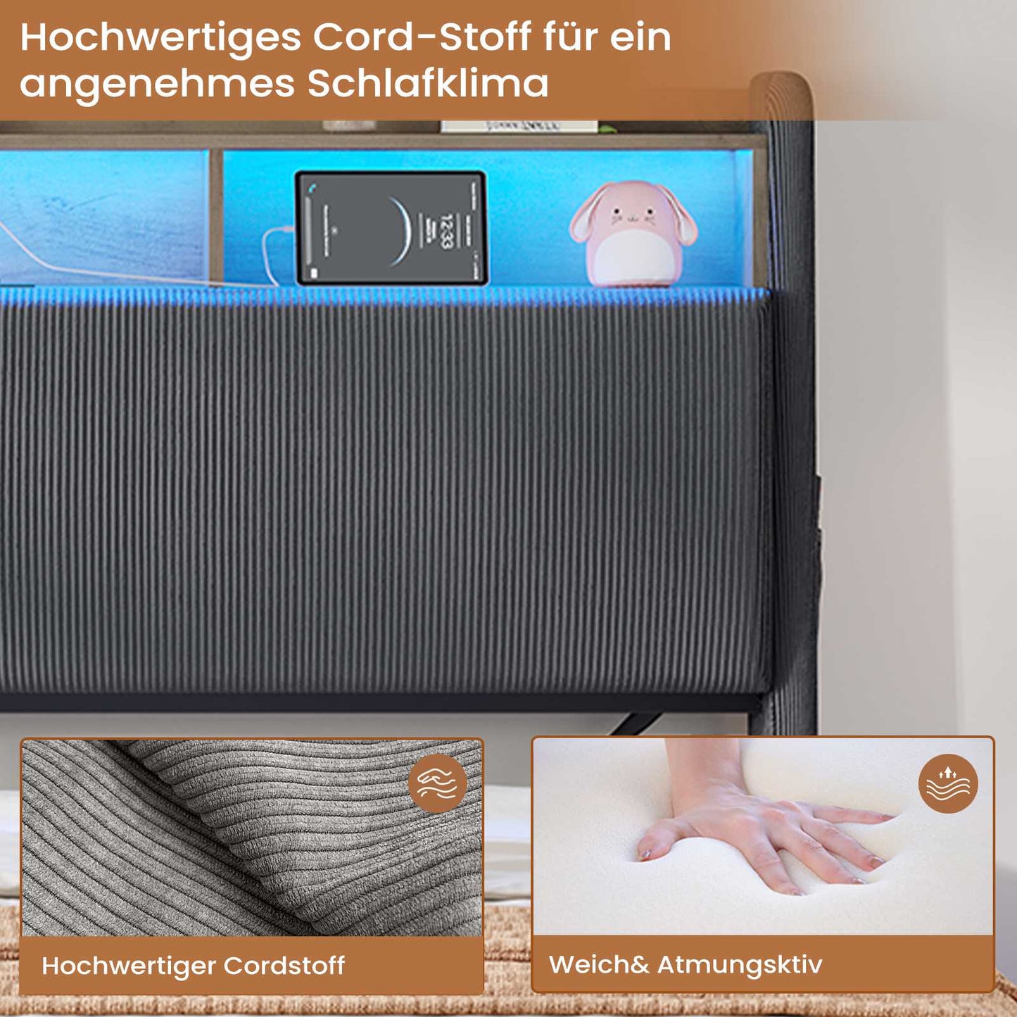 AOGLLATI Hydraulisches Stauraumbett mit LED Beleuchtung und Steckdosen mit Stauraum Kopfteil mit HolzLattenrost & USB-Ladefunktion
