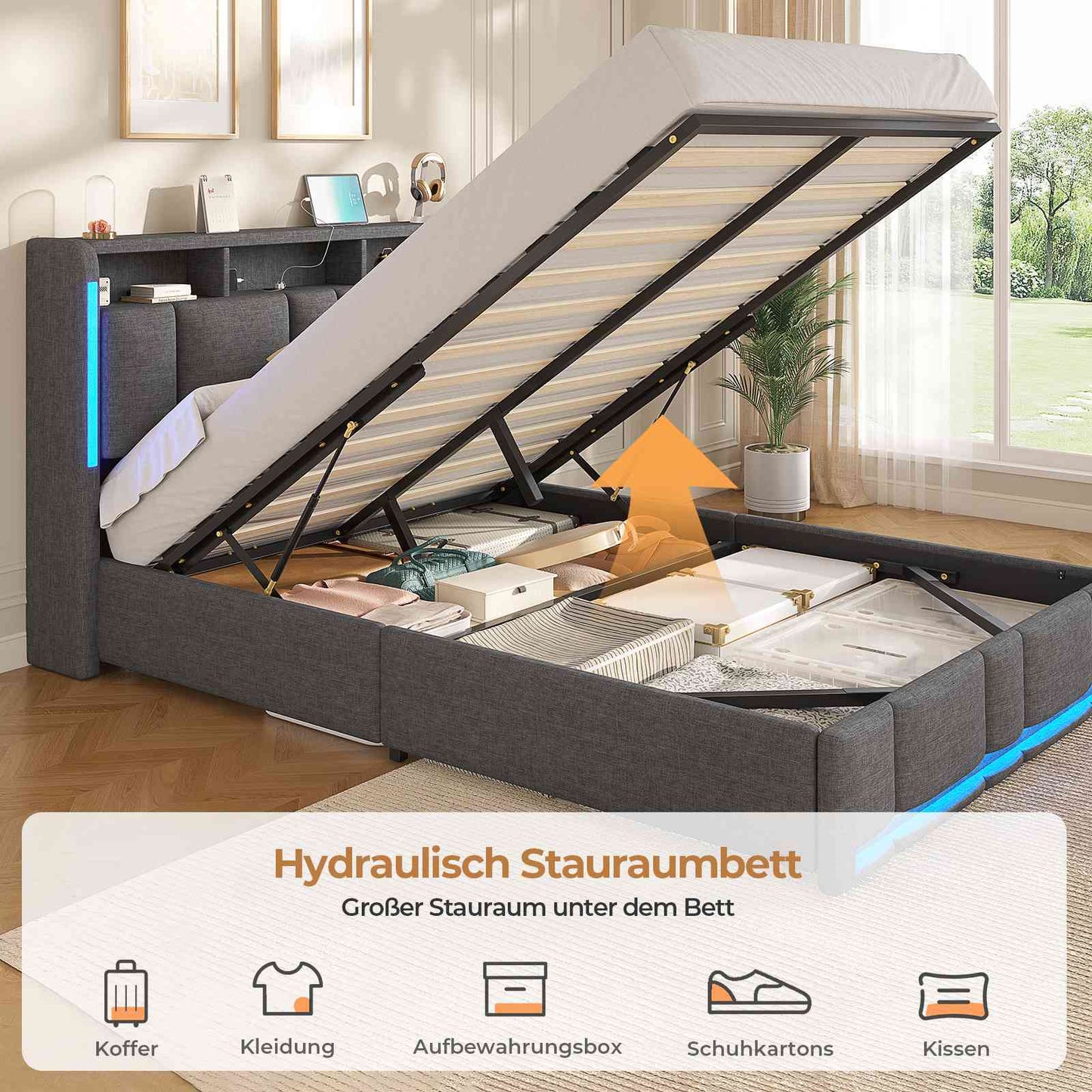 AOGLLATI Polsterbett 140×190 mit Steckdosen & LED Beleuchtung mit Stauraum Kopfteil & Hydraulischem Stauraum