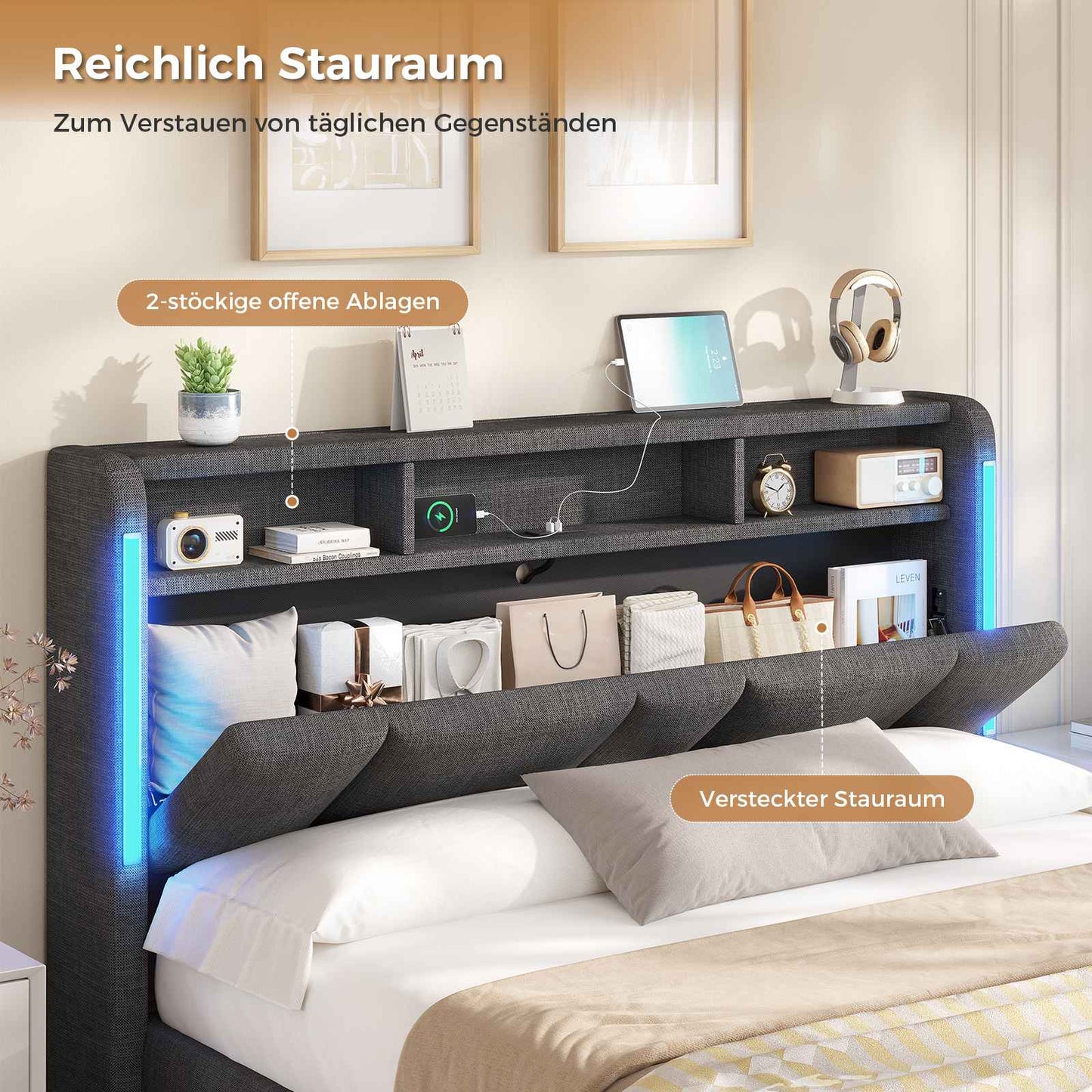 AOGLLATI Polsterbett Doppelbett 140x200 mit bettkasten mit LED Beleuchtung & Steckdosen mit Stauraum Kopfteil