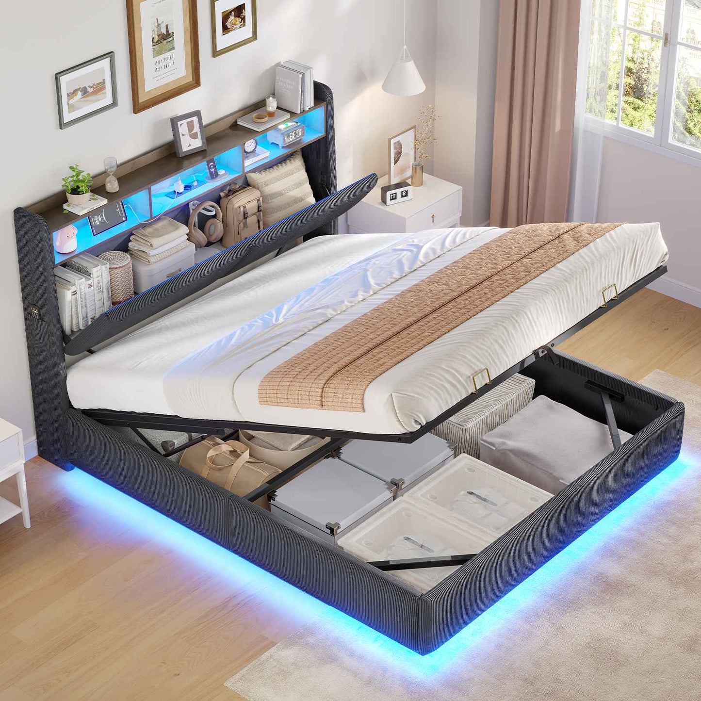 AOGLLATI Hydraulisches Stauraumbett mit LED Beleuchtung und Steckdosen mit Stauraum Kopfteil mit HolzLattenrost & USB-Ladefunktion
