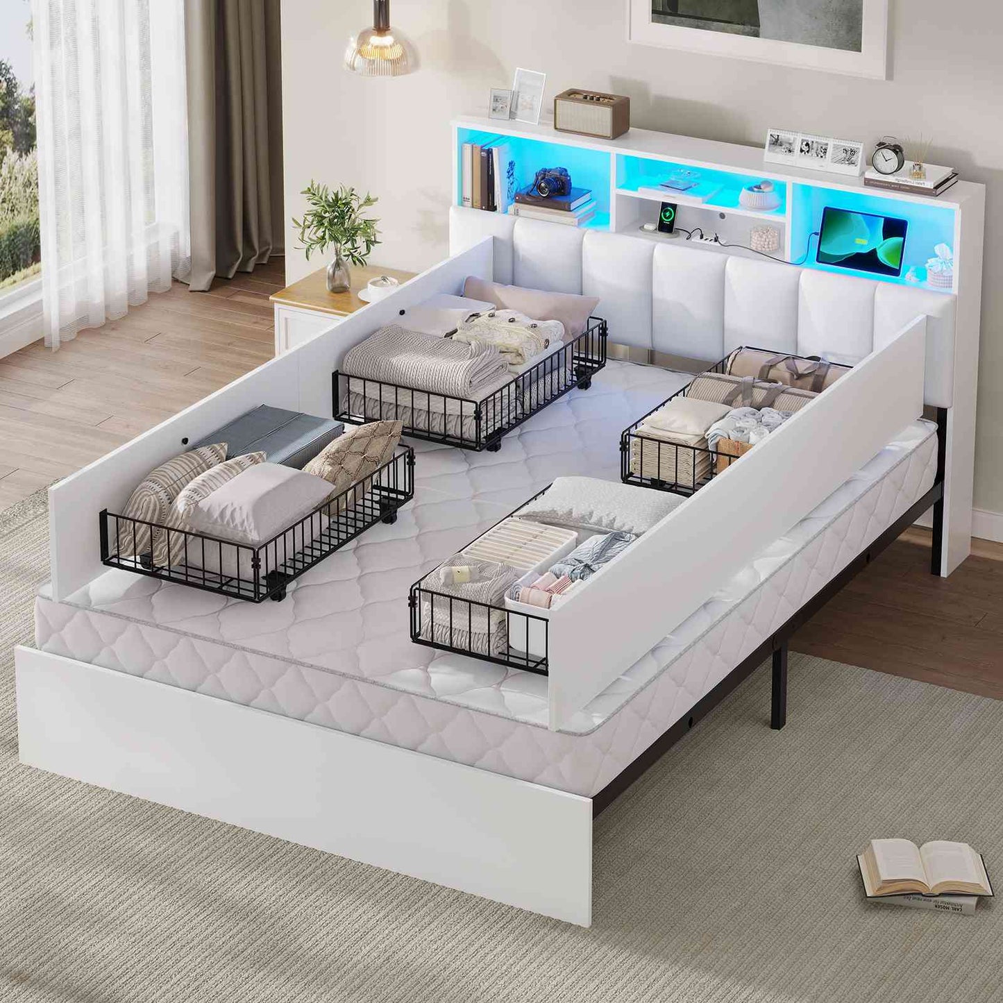 AOGLLATI Bett 140×190 cm Polsterbett mit Ladestation und LED-Beleuchtung mit Stauraum Kopfteil 4 Schubladen