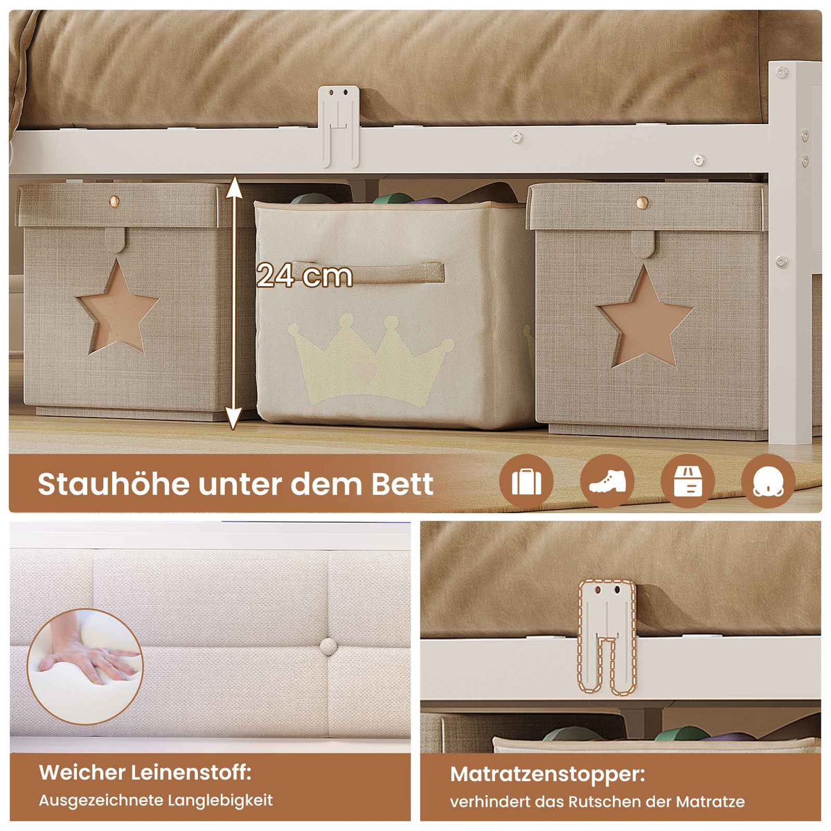 AOGLLATI Polsterbett 140x200 mit 6 Staufächern LED-Beleuchtung Steckdosen und USB-Anschluss Schlafsofa Jugendbett Tagesbett Gästebett Bettgestell mit Lattenrost aus Metall