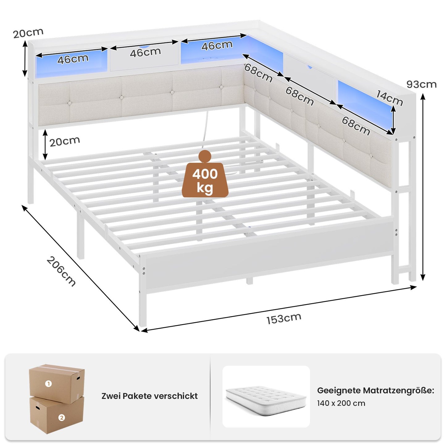 AOGLLATI Polsterbett Schlafsofa 140x190 mit 6 Staufächern mit LED-Beleuchtung Tagesbett mit Steckdosen Gästebett