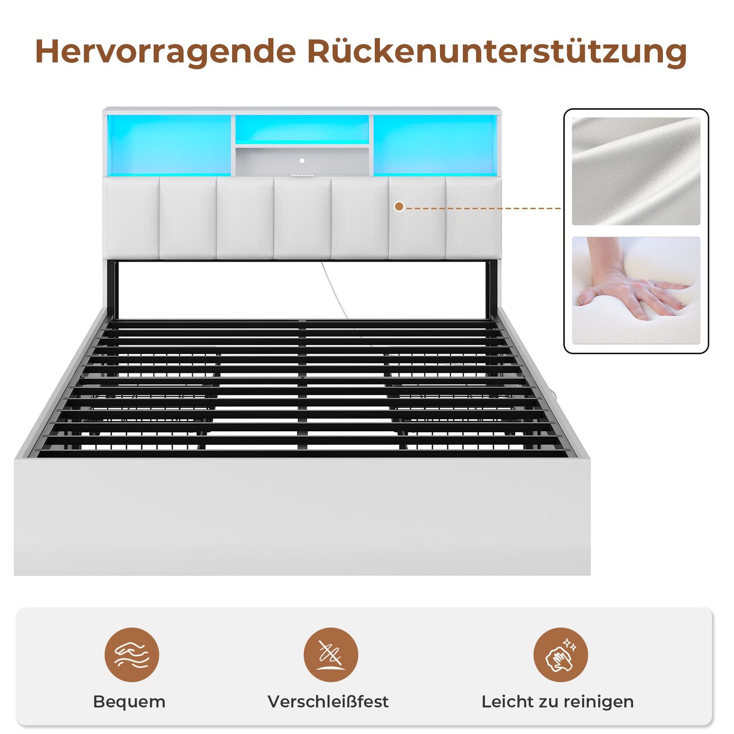 AOGLLATI Bett 140×190 cm Polsterbett mit Ladestation und LED-Beleuchtung mit Stauraum Kopfteil 4 Schubladen