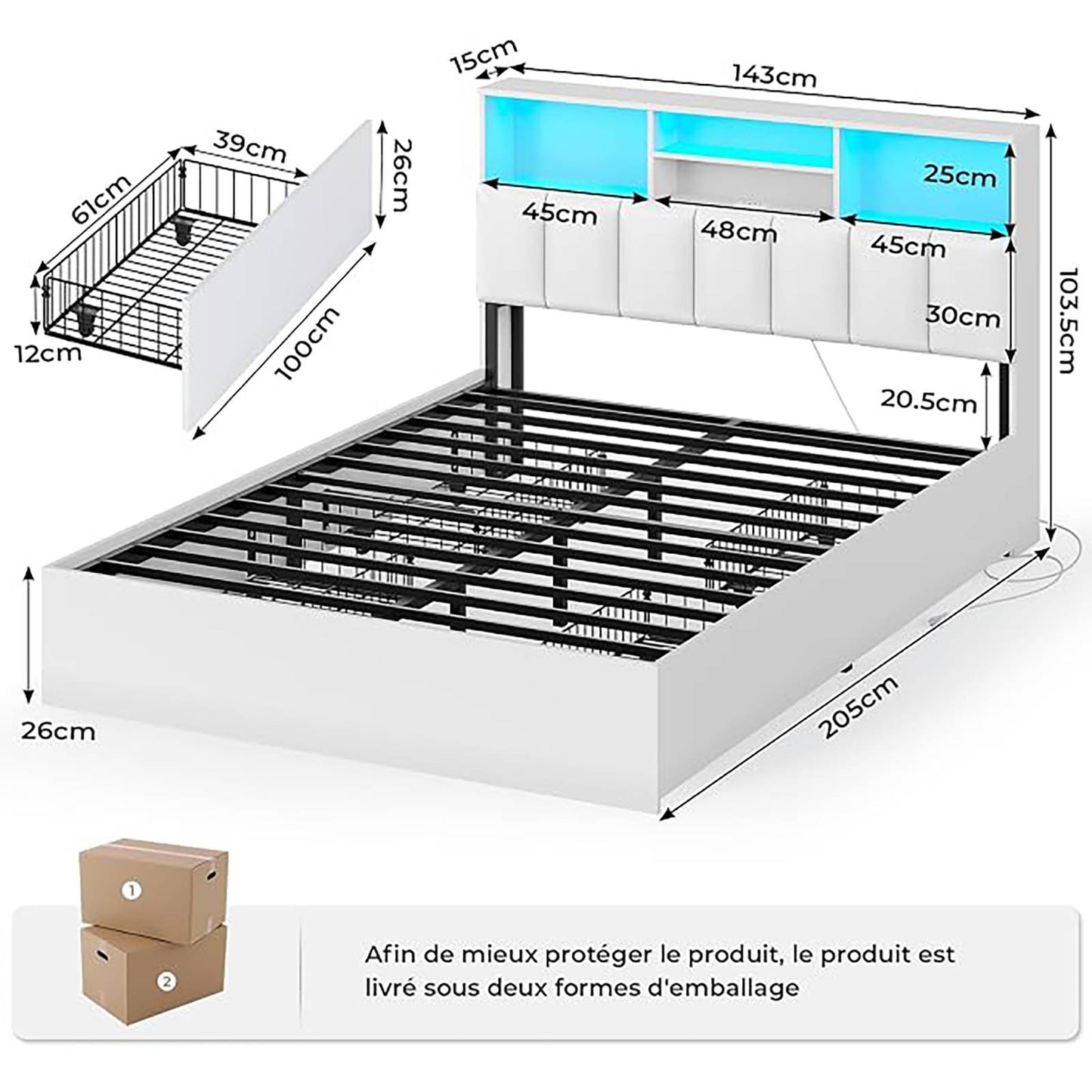 AOGLLATI Bett 140×190 cm Polsterbett mit Ladestation und LED-Beleuchtung mit Stauraum Kopfteil 4 Schubladen