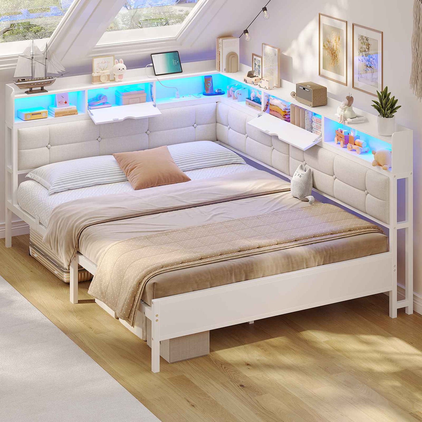 AOGLLATI Polsterbett Schlafsofa 140x190 mit 6 Staufächern mit LED-Beleuchtung Tagesbett mit Steckdosen Gästebett