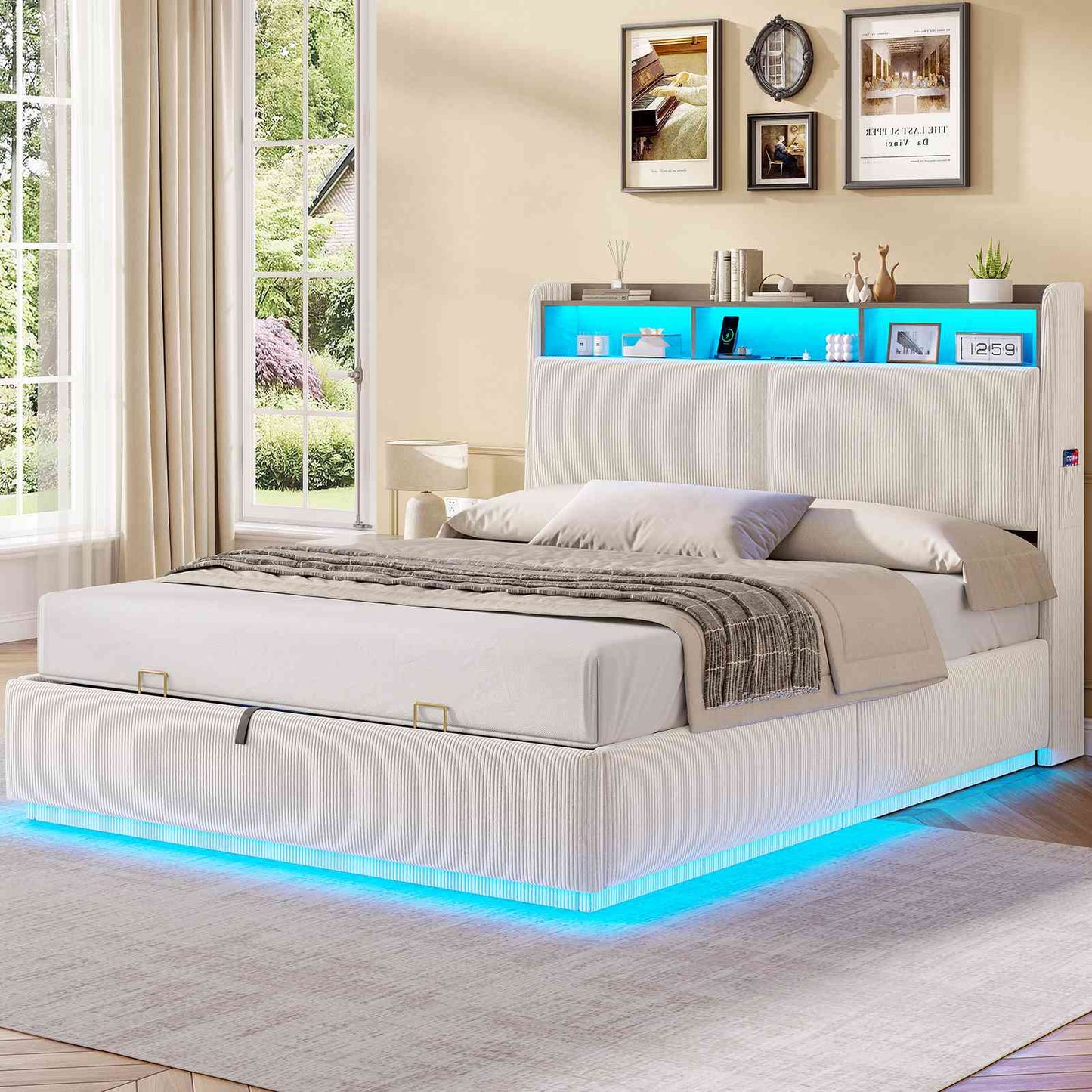 AOGLLATI Hydraulisches Stauraumbett mit LED Beleuchtung und Steckdosen mit Stauraum Kopfteil mit HolzLattenrost & USB-Ladefunktion
