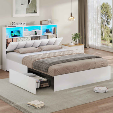 AOGLLATI Bett 140×190 cm Polsterbett mit Ladestation und LED-Beleuchtung mit Stauraum Kopfteil 4 Schubladen