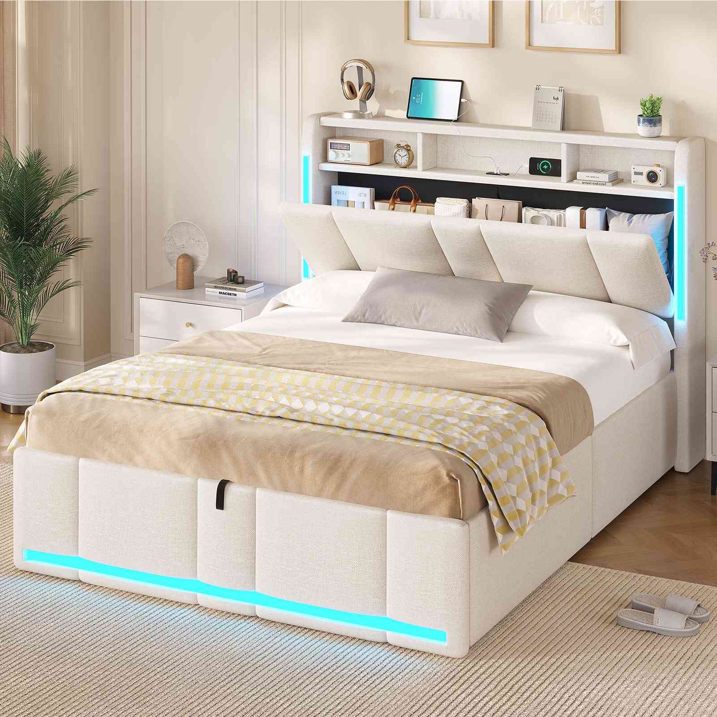 AOGLLATI Polsterbett Doppelbett 140x200 mit bettkasten mit LED Beleuchtung & Steckdosen mit Stauraum Kopfteil