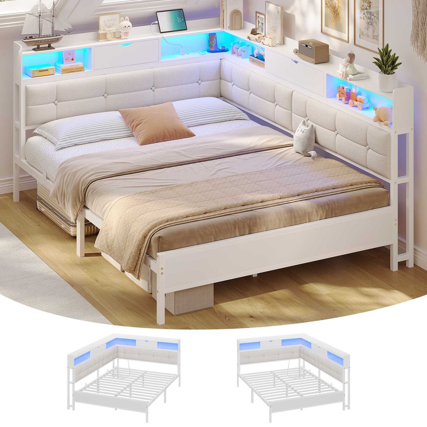 AOGLLATI Polsterbett Schlafsofa 140x190 mit 6 Staufächern mit LED-Beleuchtung Tagesbett mit Steckdosen Gästebett