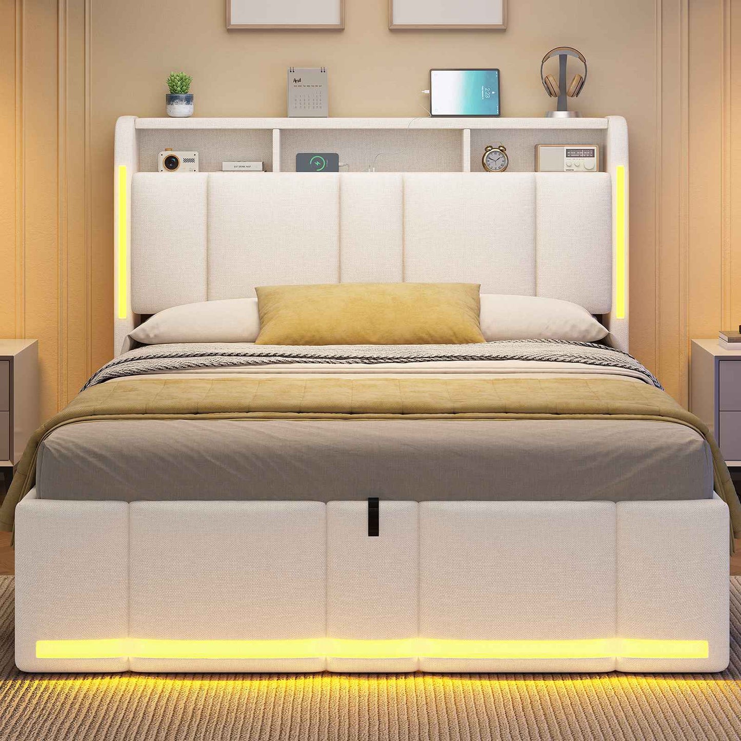 AOGLLATI Polsterbett Doppelbett 140x200 mit bettkasten mit LED Beleuchtung & Steckdosen mit Stauraum Kopfteil