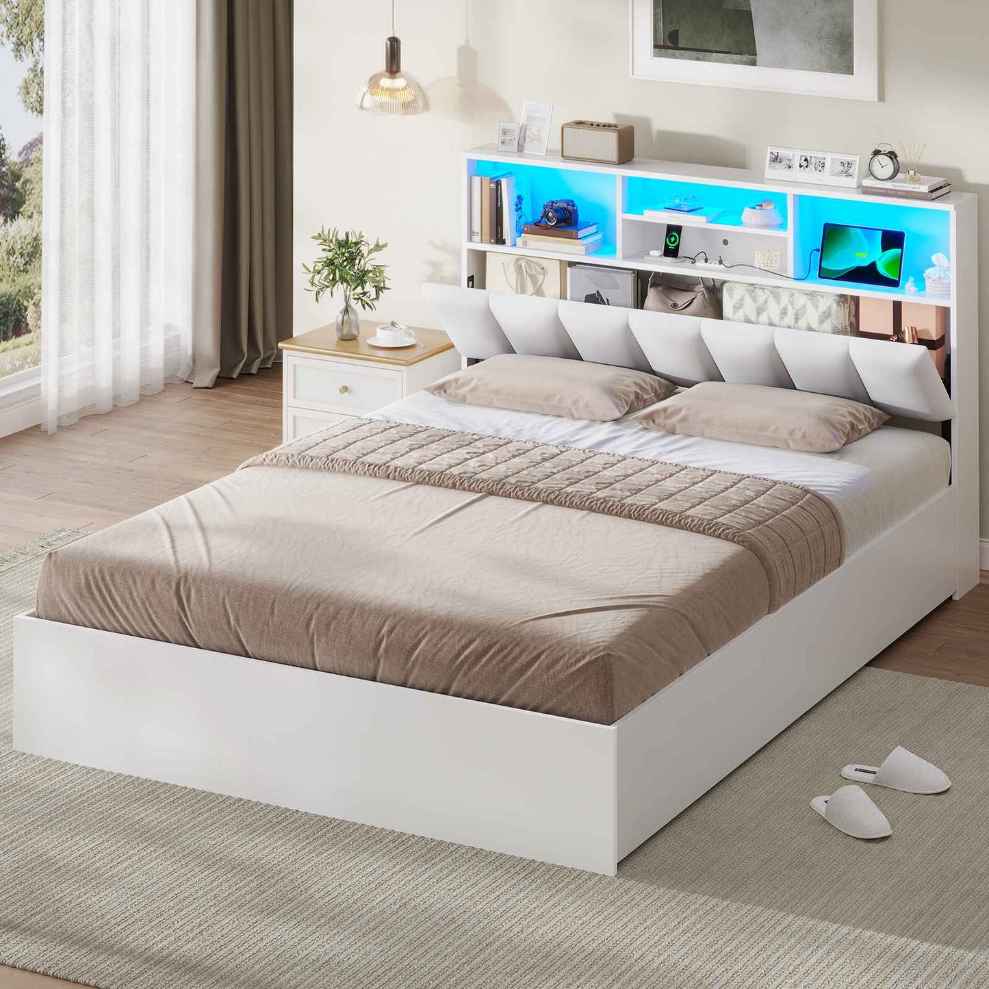 AOGLLATI Bett 140×190 cm Polsterbett mit Ladestation und LED-Beleuchtung mit Stauraum Kopfteil 4 Schubladen