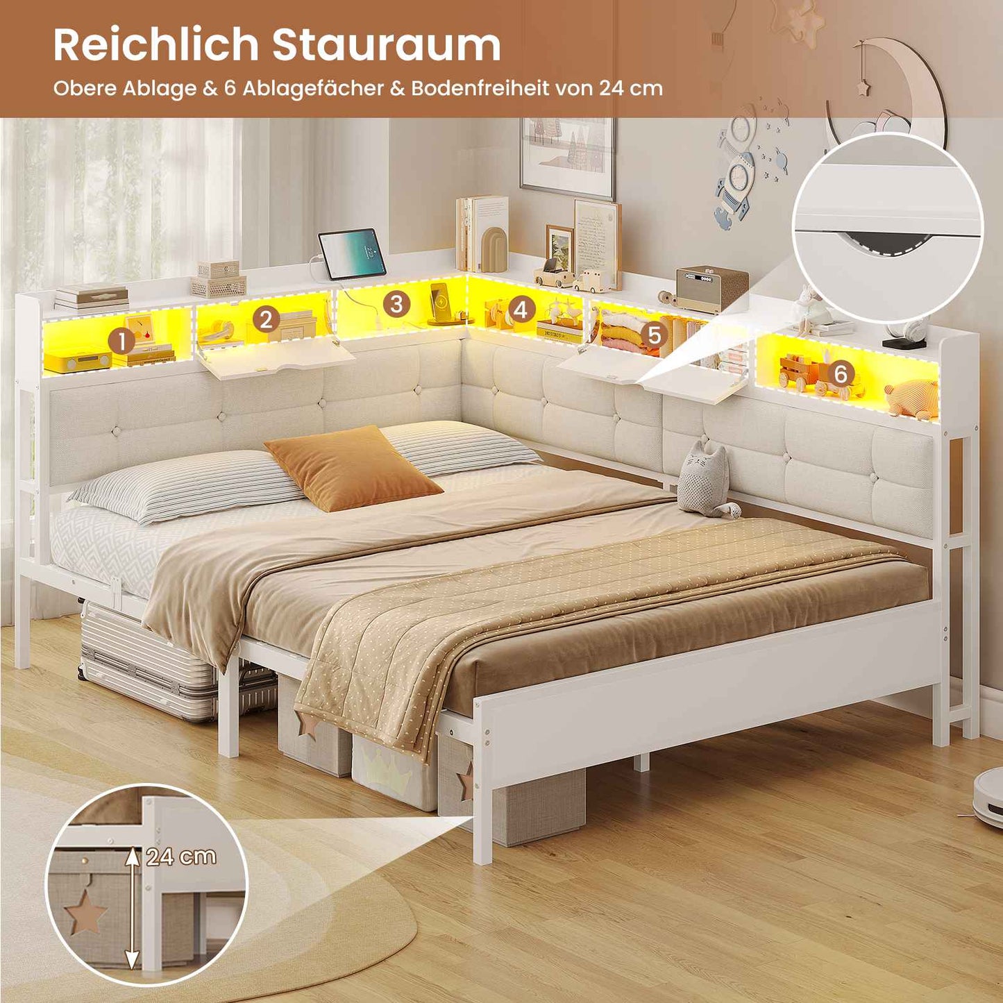 AOGLLATI Polsterbett Schlafsofa 140x190 mit 6 Staufächern mit LED-Beleuchtung Tagesbett mit Steckdosen Gästebett