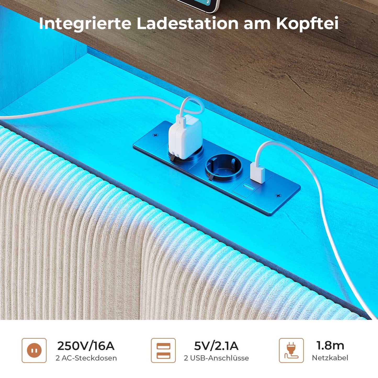 AOGLLATI Hydraulisches Stauraumbett mit LED Beleuchtung und Steckdosen mit Stauraum Kopfteil mit HolzLattenrost & USB-Ladefunktion