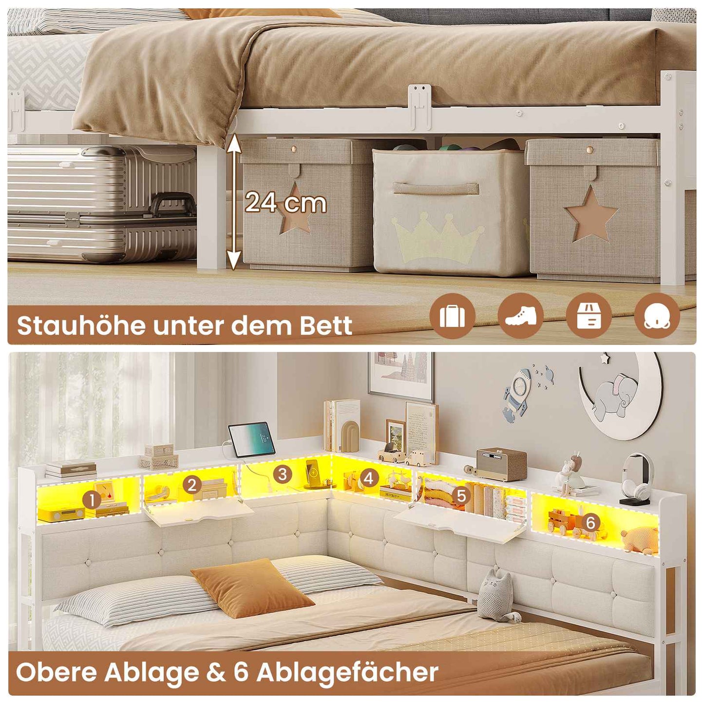 AOGLLATI Polsterbett Schlafsofa 140x190 mit 6 Staufächern mit LED-Beleuchtung Tagesbett mit Steckdosen Gästebett