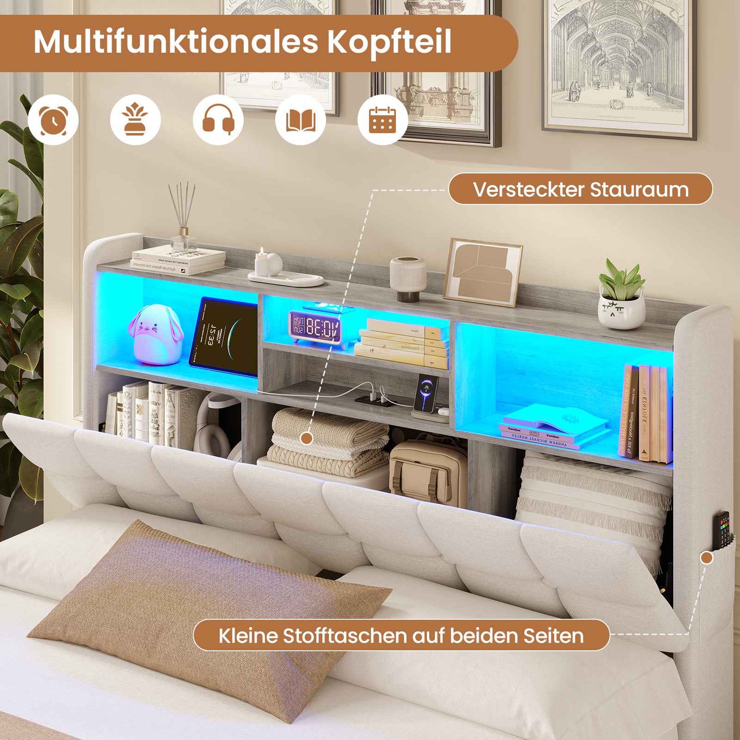 AOGLLATI Polsterbett 140×190 Hydraulisches Stauraumbett mit LED-Bleuchtung mit USB- und Type-C-Anschlüsse mit Holzlatten