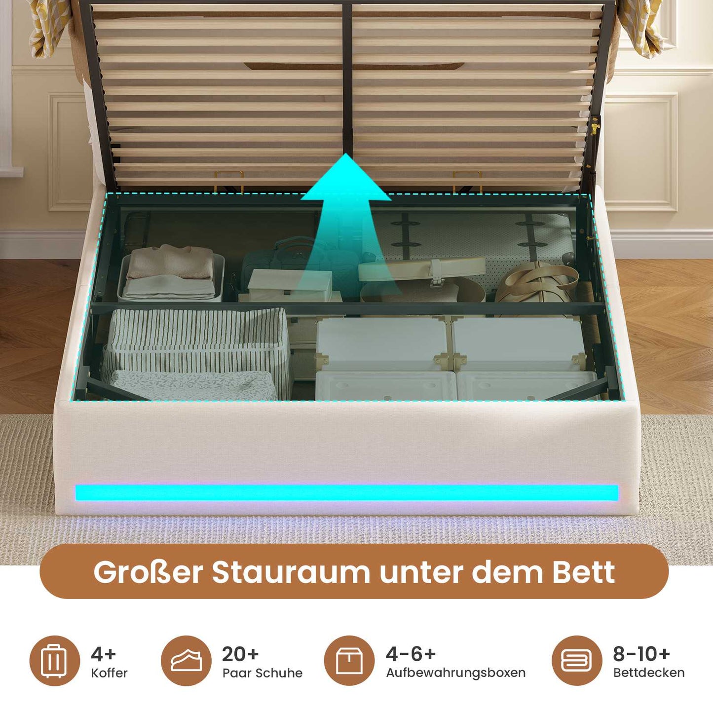 AOGLLATI Polsterbett 140×190 Hydraulisches Stauraumbett mit LED-Bleuchtung mit USB- und Type-C-Anschlüsse mit Holzlatten
