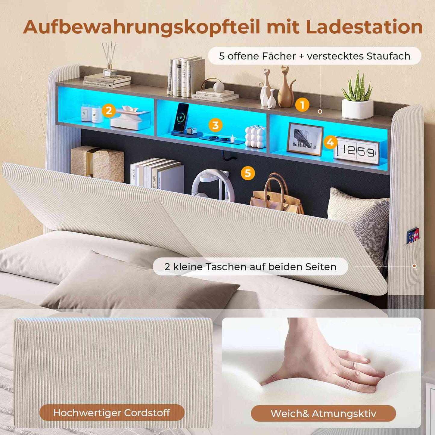 AOGLLATI Hydraulisches Stauraumbett mit LED Beleuchtung und Steckdosen mit Stauraum Kopfteil mit HolzLattenrost & USB-Ladefunktion