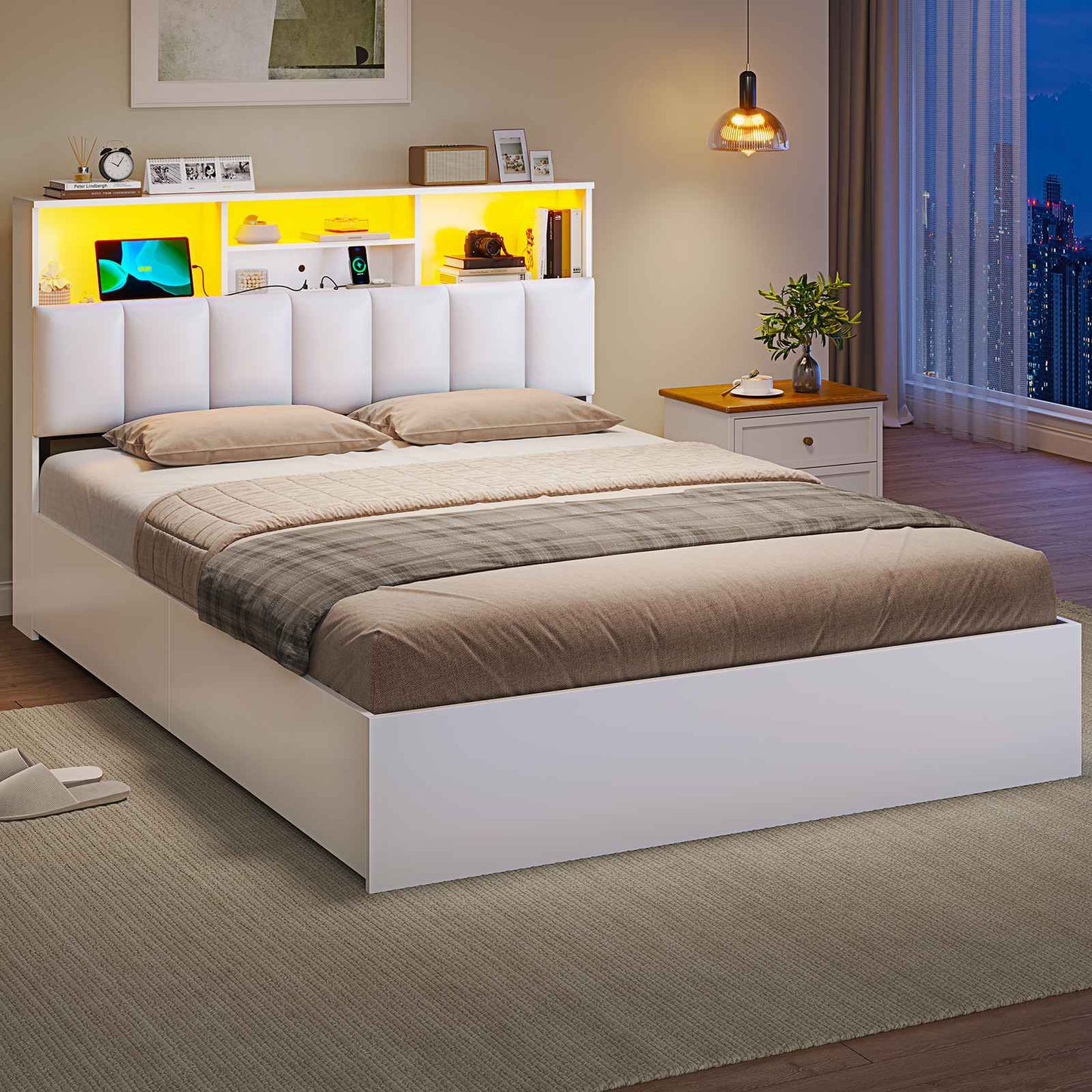 AOGLLATI Bett 140×190 cm Polsterbett mit Ladestation und LED-Beleuchtung mit Stauraum Kopfteil 4 Schubladen