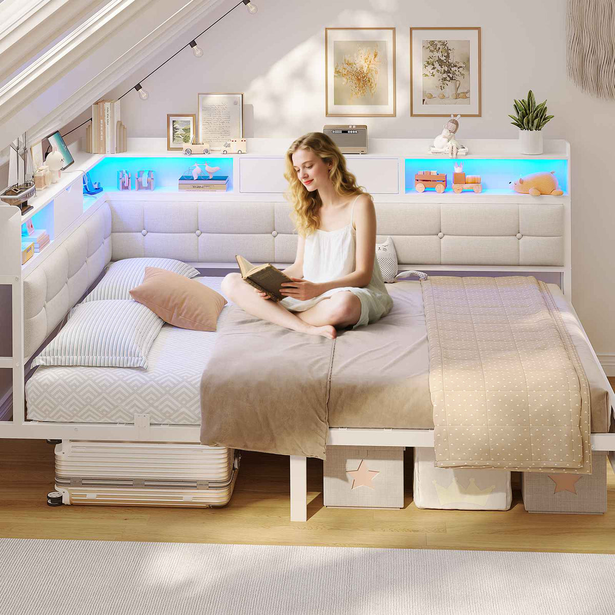 AOGLLATI Polsterbett 140x200 mit 6 Staufächern LED-Beleuchtung Steckdosen und USB-Anschluss Schlafsofa Jugendbett Tagesbett Gästebett Bettgestell mit Lattenrost aus Metall