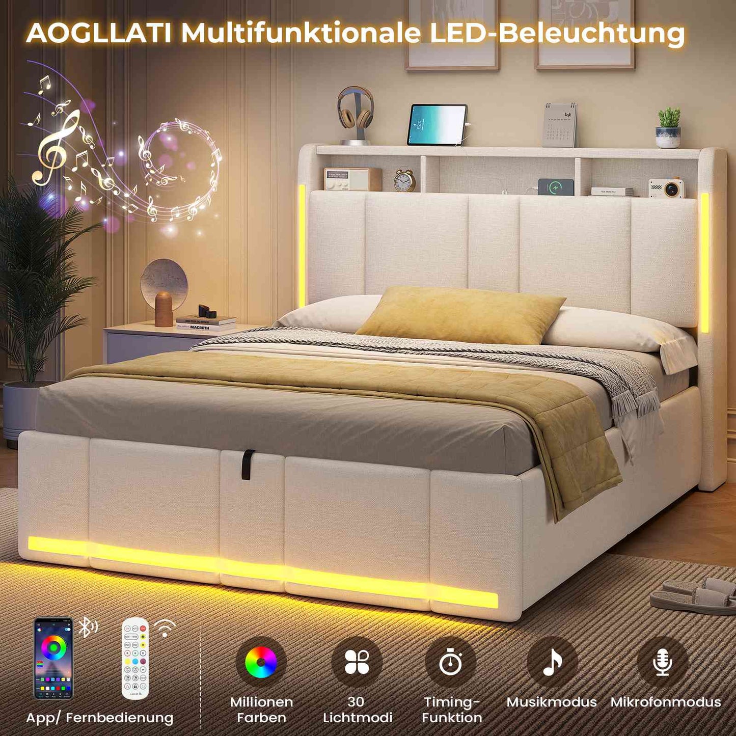 AOGLLATI Polsterbett Doppelbett 140x200 mit bettkasten mit LED Beleuchtung & Steckdosen mit Stauraum Kopfteil