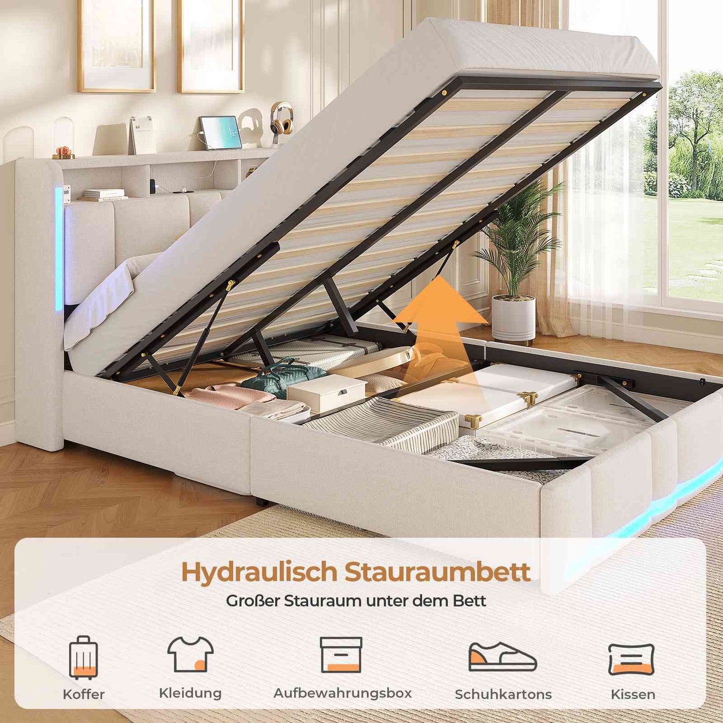 AOGLLATI Polsterbett 140×190 mit Steckdosen & LED Beleuchtung mit Stauraum Kopfteil & Hydraulischem Stauraum