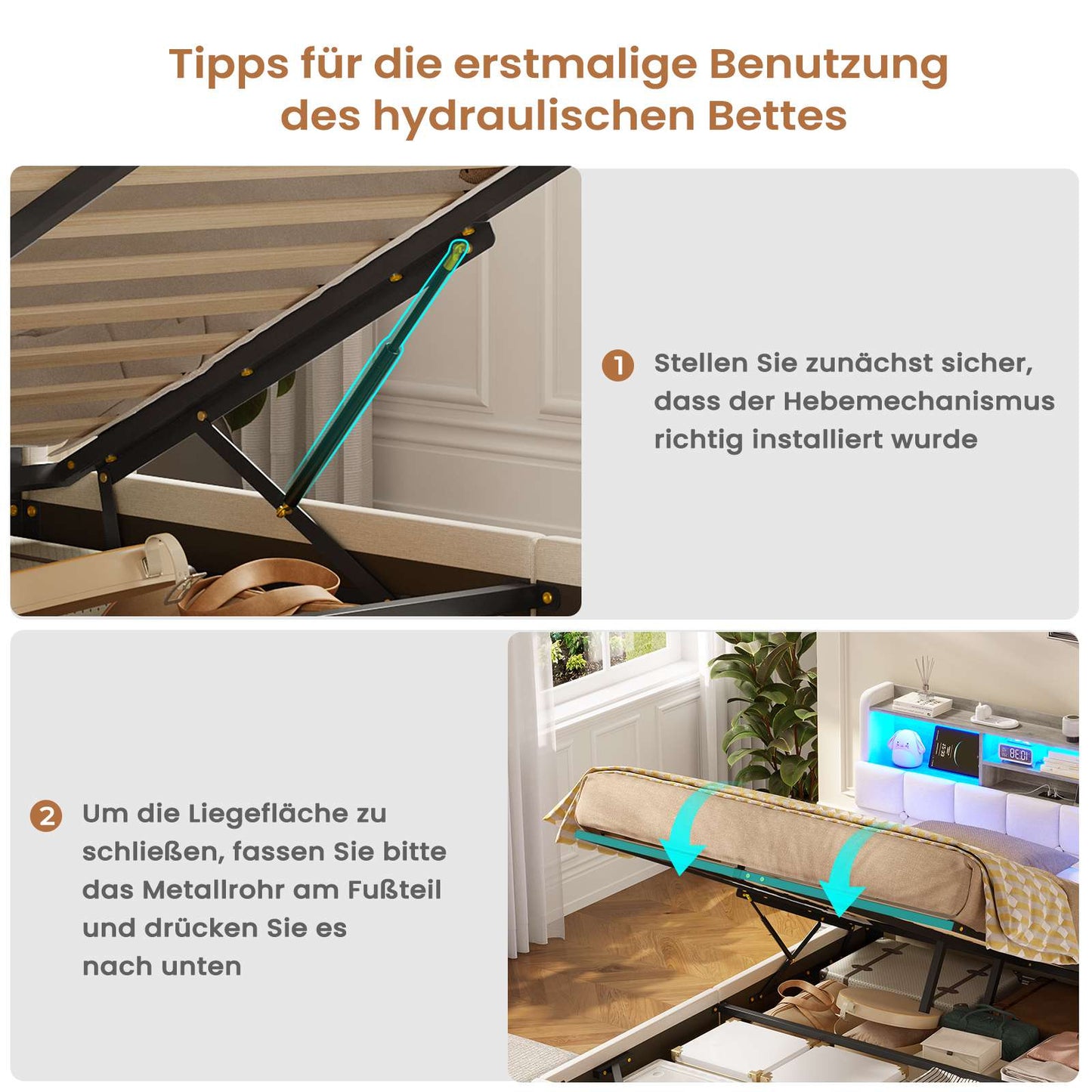 AOGLLATI Polsterbett 140×190 Hydraulisches Stauraumbett mit LED-Bleuchtung mit USB- und Type-C-Anschlüsse mit Holzlatten