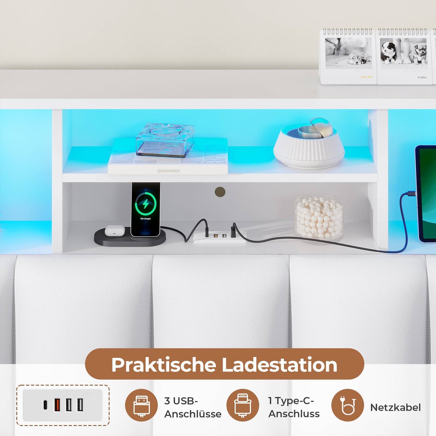 AOGLLATI Bett 140×190 cm Polsterbett mit Ladestation und LED-Beleuchtung mit Stauraum Kopfteil 4 Schubladen