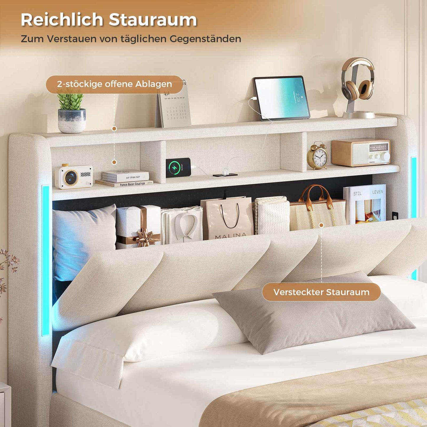 AOGLLATI Polsterbett Doppelbett 140x200 mit bettkasten mit LED Beleuchtung & Steckdosen mit Stauraum Kopfteil
