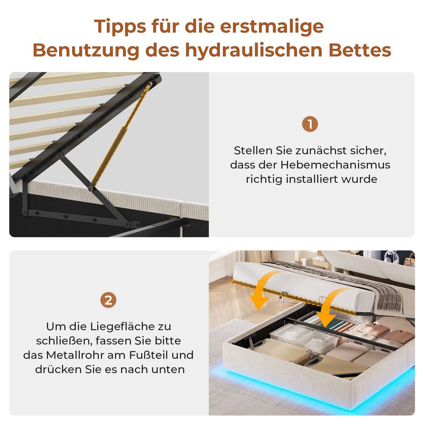 AOGLLATI Hydraulisches Stauraumbett mit LED Beleuchtung und Steckdosen mit Stauraum Kopfteil mit HolzLattenrost & USB-Ladefunktion