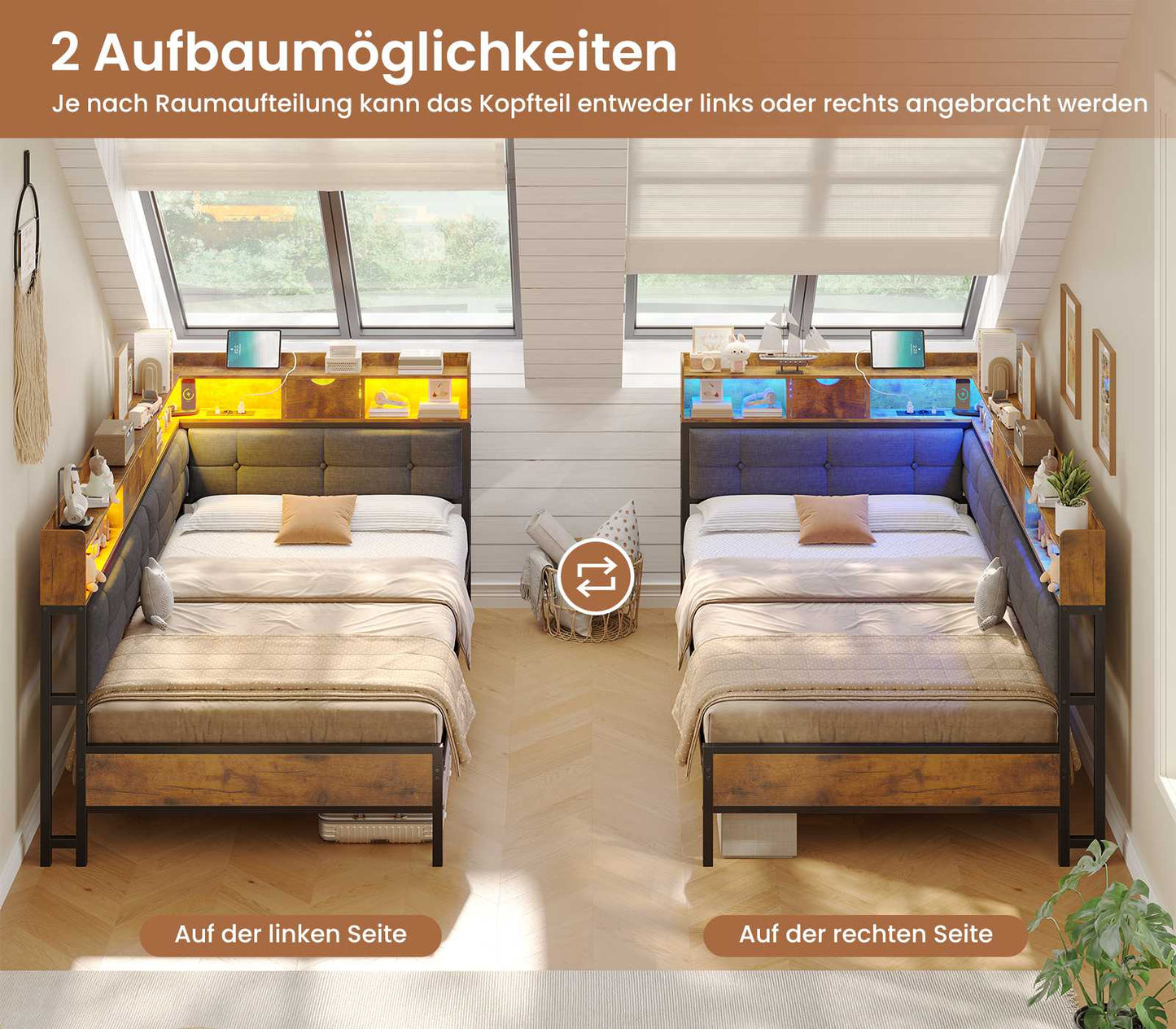 AOGLLATI Polsterbett Schlafsofa 140x190 mit 6 Staufächern mit LED-Beleuchtung Tagesbett mit Steckdosen Gästebett