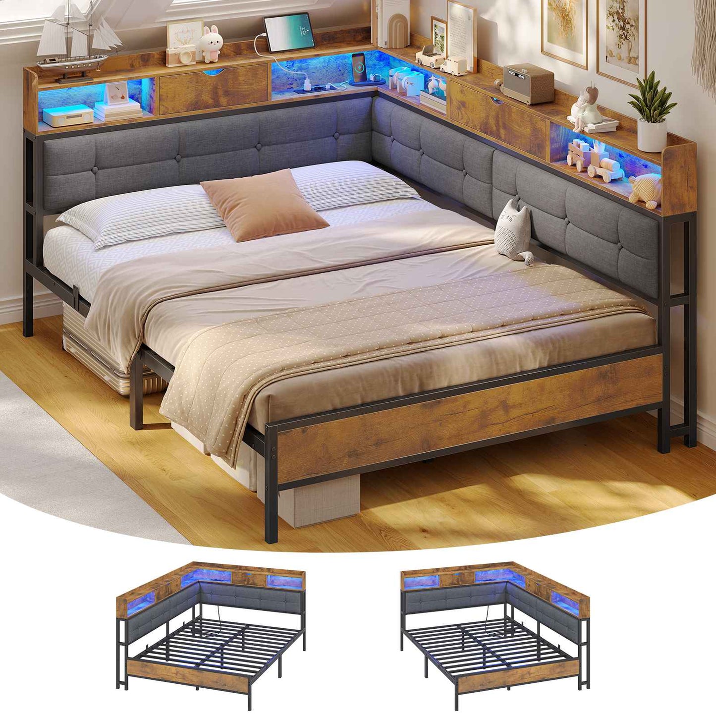 AOGLLATI Polsterbett Schlafsofa 140x190 mit 6 Staufächern mit LED-Beleuchtung Tagesbett mit Steckdosen Gästebett