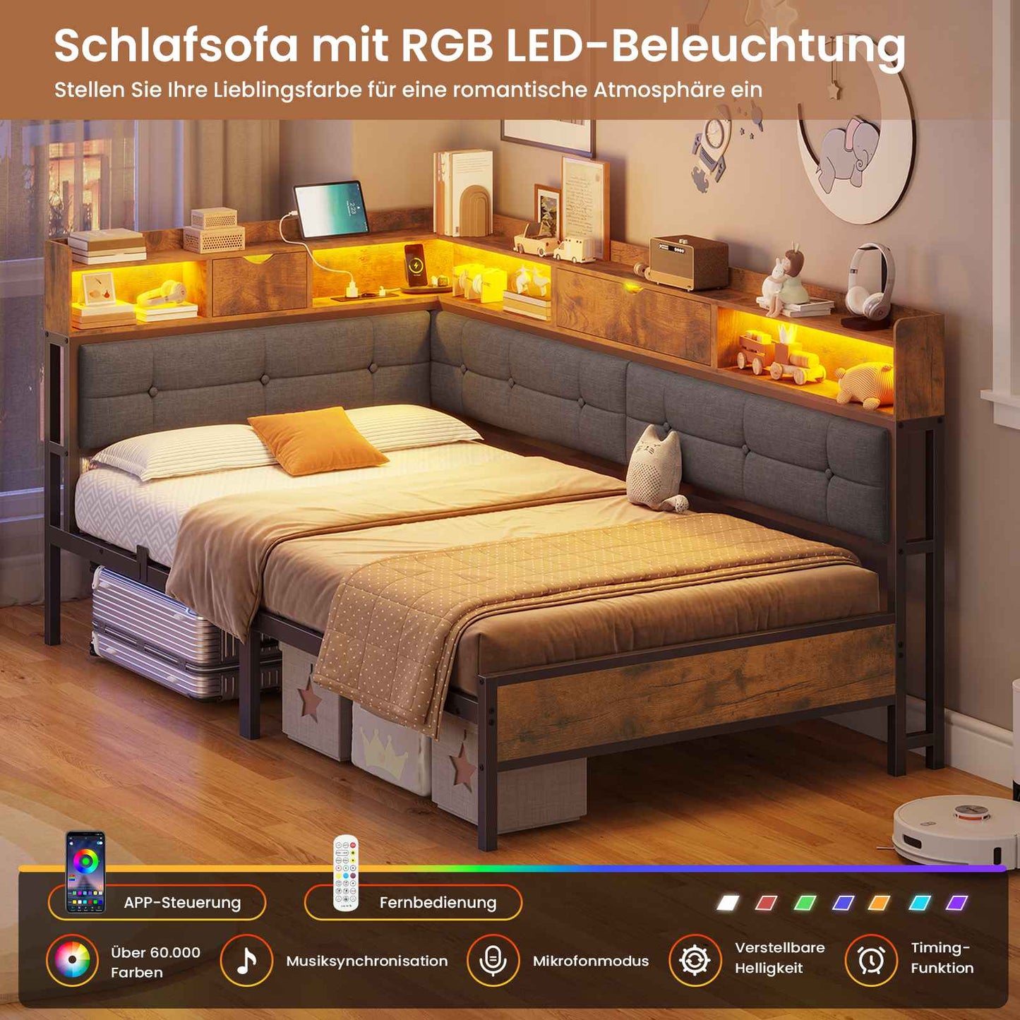 AOGLLATI Polsterbett Schlafsofa 140x190 mit 6 Staufächern mit LED-Beleuchtung Tagesbett mit Steckdosen Gästebett