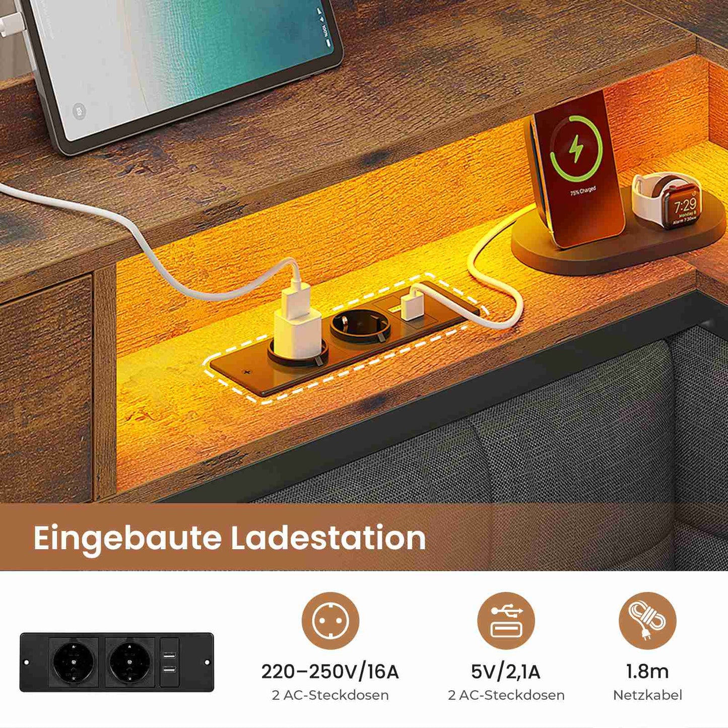 AOGLLATI Polsterbett Schlafsofa 140x190 mit 6 Staufächern mit LED-Beleuchtung Tagesbett mit Steckdosen Gästebett