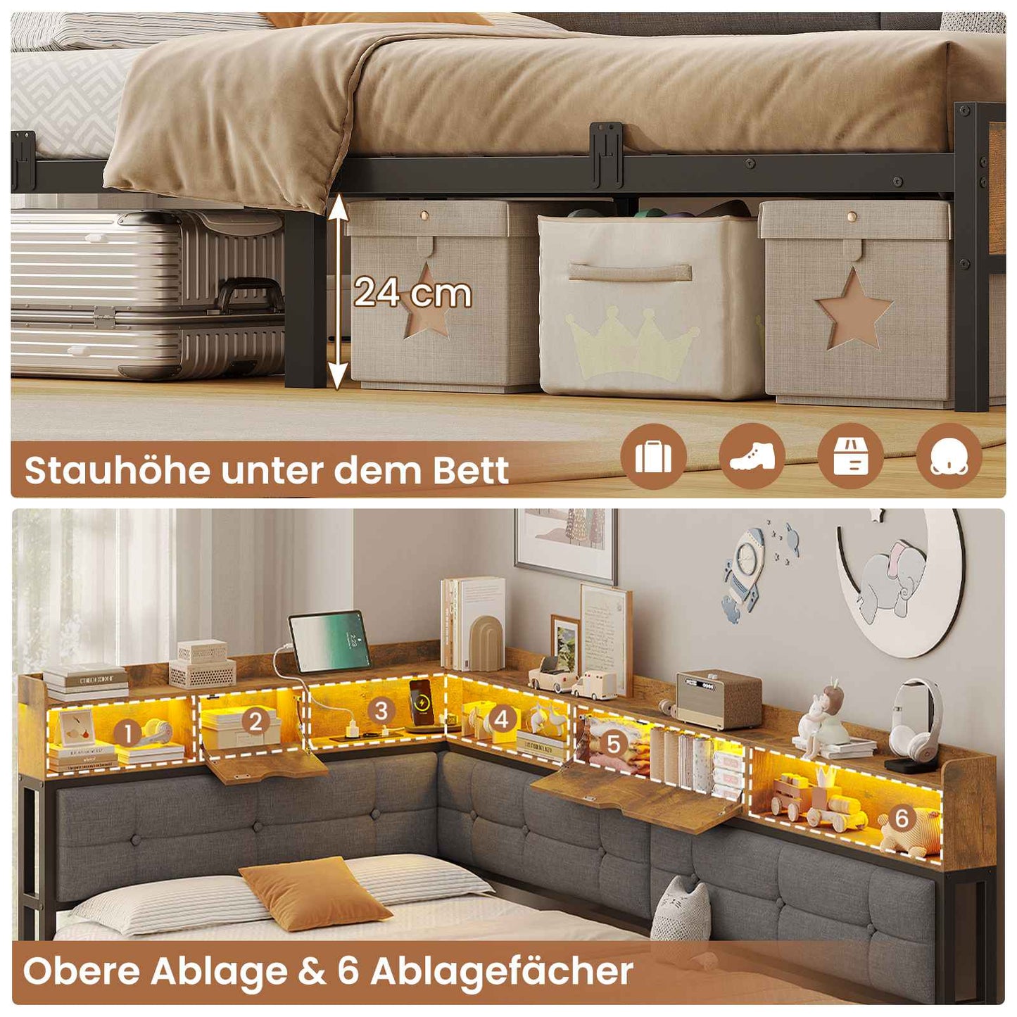 AOGLLATI Polsterbett Schlafsofa 140x190 mit 6 Staufächern mit LED-Beleuchtung Tagesbett mit Steckdosen Gästebett