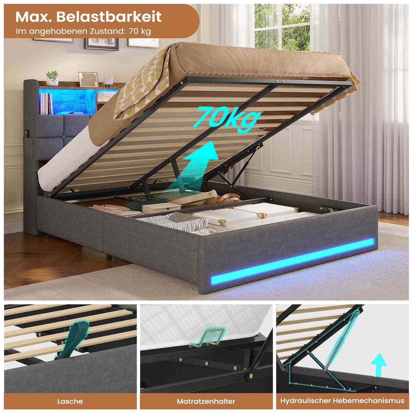 AOGLLATI Polsterbett 140×190 Hydraulisches Stauraumbett mit LED-Bleuchtung mit USB- und Type-C-Anschlüsse mit Holzlatten