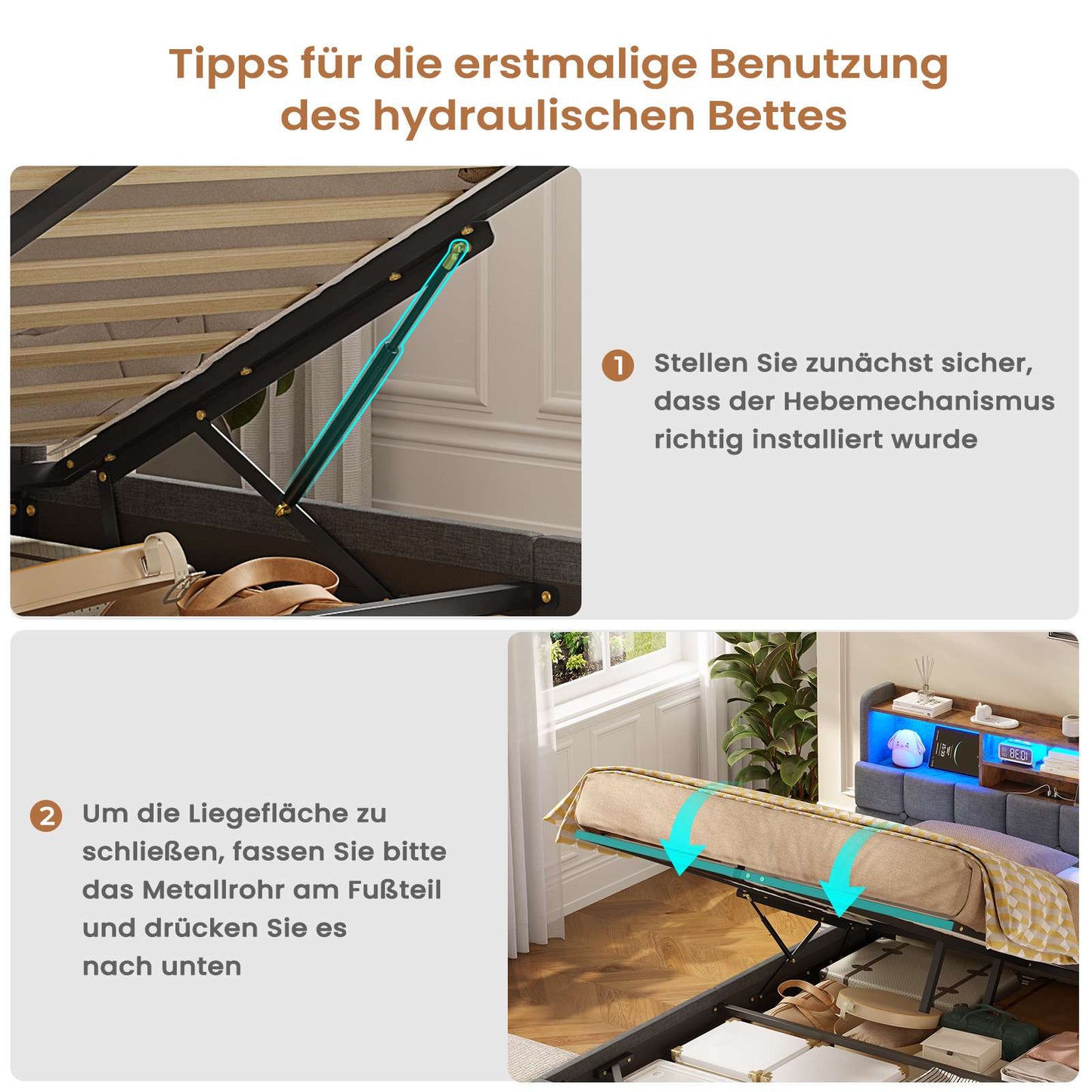 AOGLLATI Polsterbett 140×190 Hydraulisches Stauraumbett mit LED-Bleuchtung mit USB- und Type-C-Anschlüsse mit Holzlatten