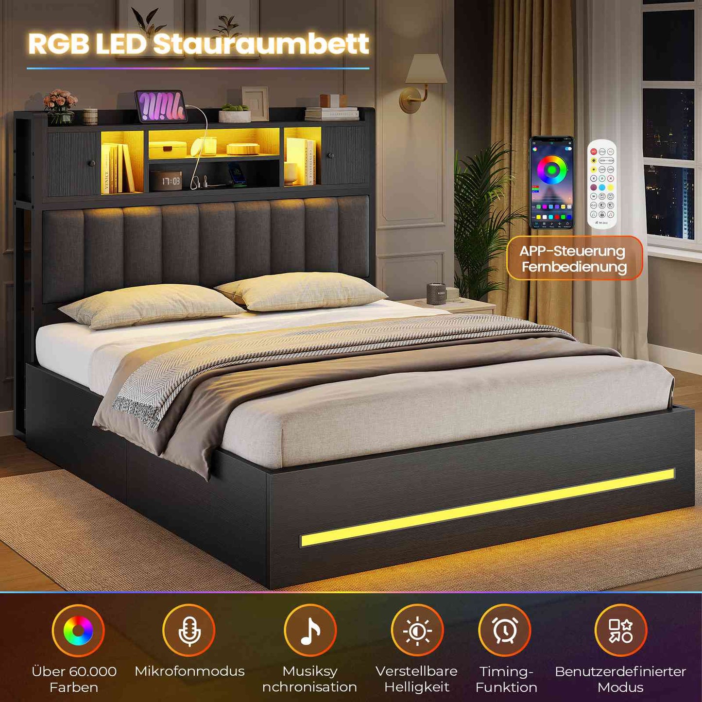 AOGLLATI Bett 140x200 mit Hydraulischem Stauraum & Kopfteil Stauraum mit LED Beleuchtung und Ladestation