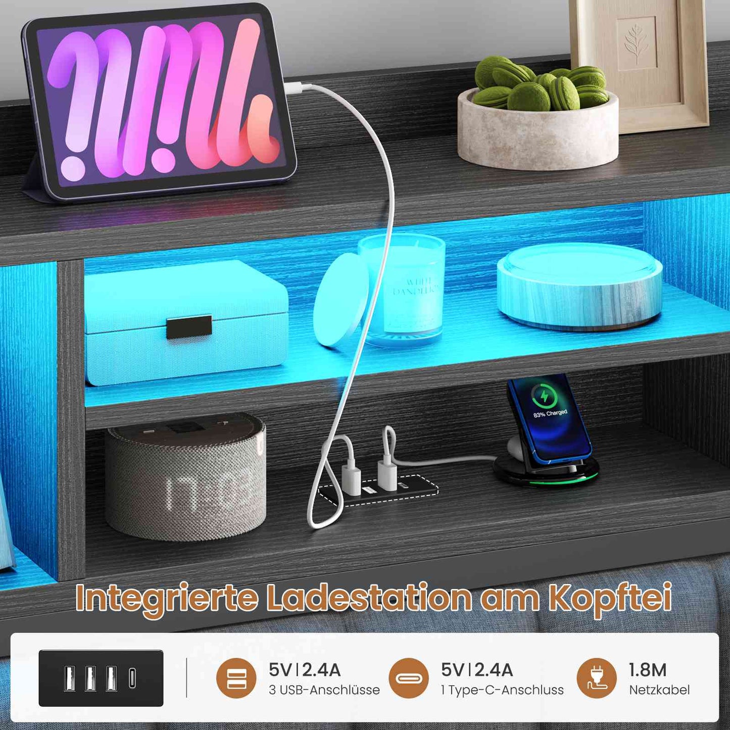 AOGLLATI Bett 140x200 mit Hydraulischem Stauraum & Kopfteil Stauraum mit LED Beleuchtung und Ladestation
